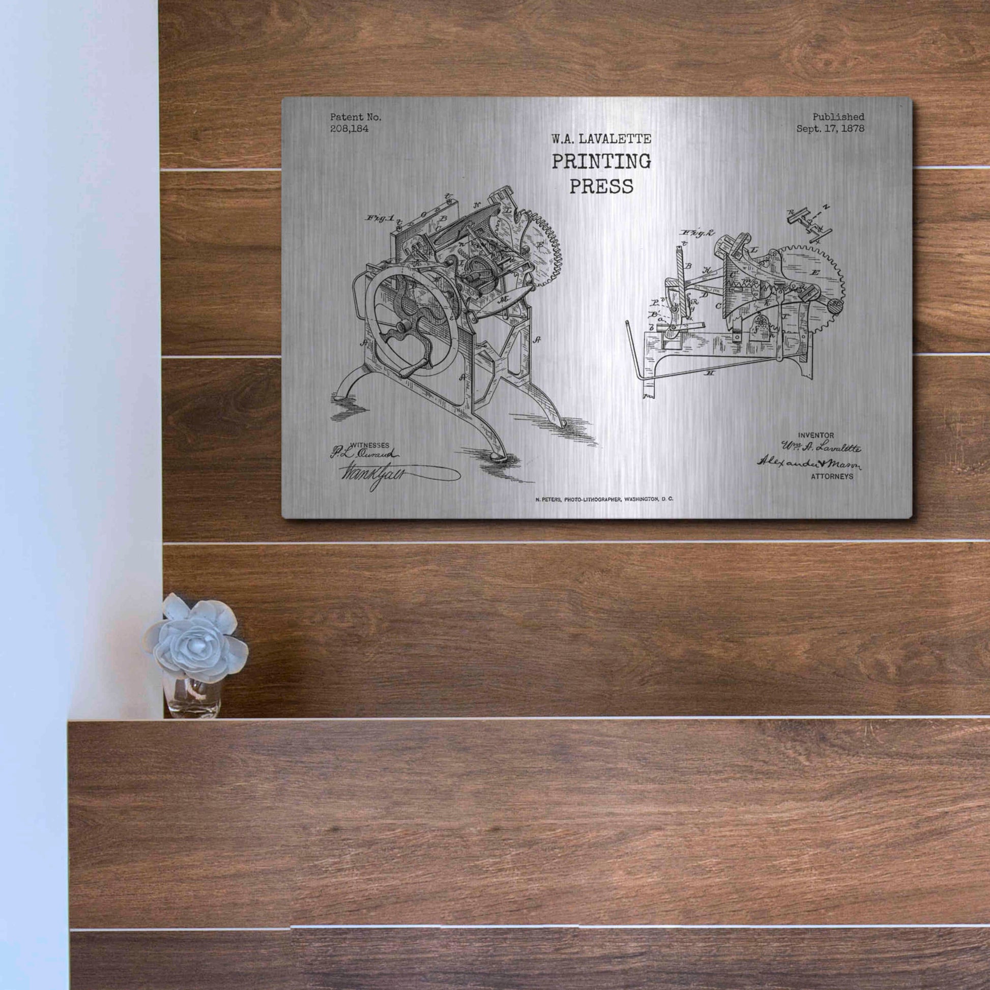 Luxe Metal Art 'Printing Press Blueprint Patent White' Metal Wall Art,16x12