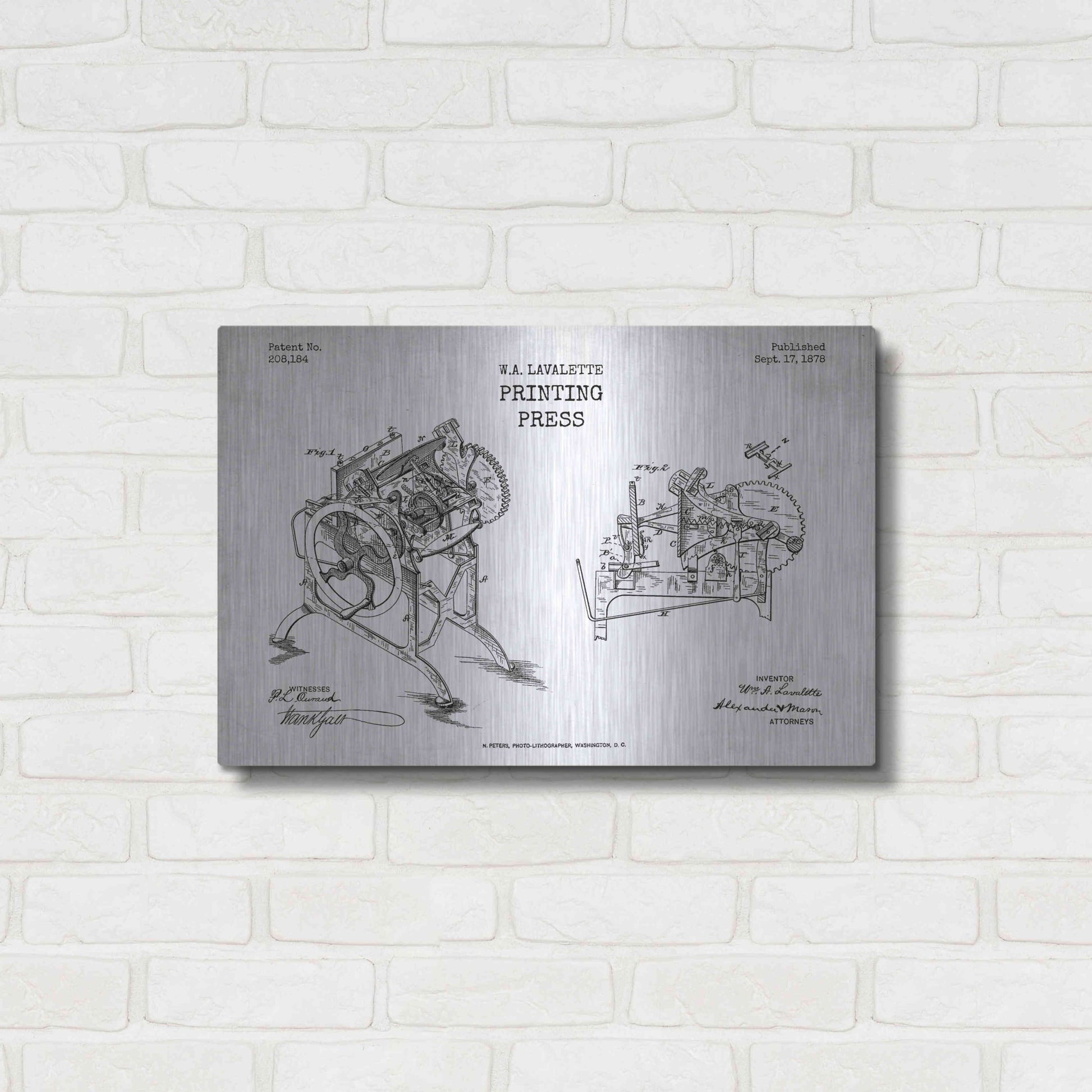 Luxe Metal Art 'Printing Press Blueprint Patent White' Metal Wall Art,24x16