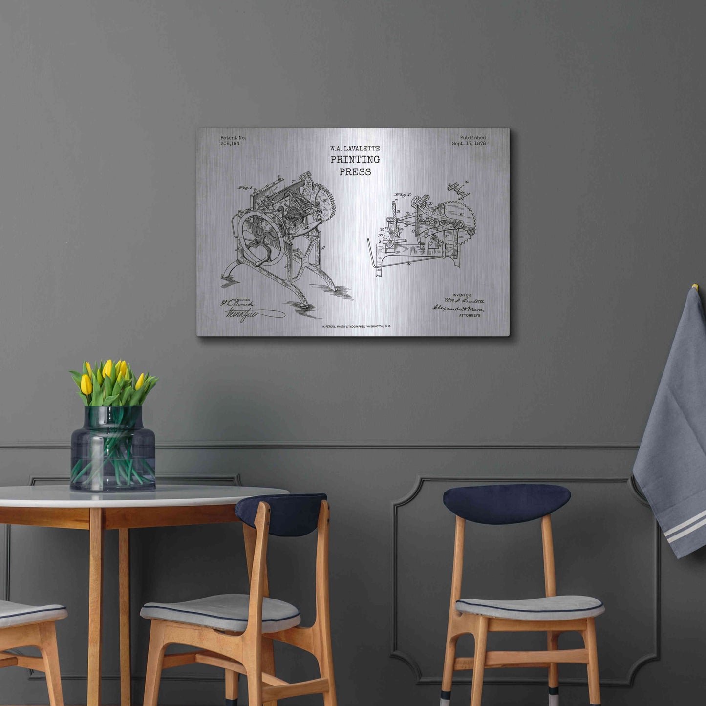 Luxe Metal Art 'Printing Press Blueprint Patent White' Metal Wall Art,36x24