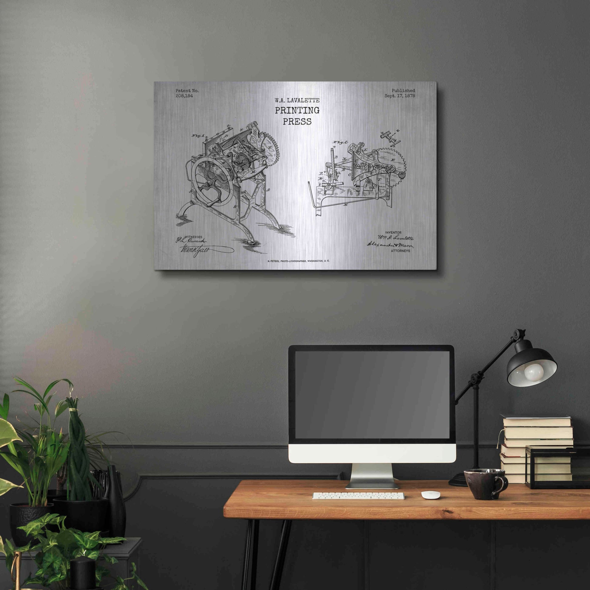 Luxe Metal Art 'Printing Press Blueprint Patent White' Metal Wall Art,36x24