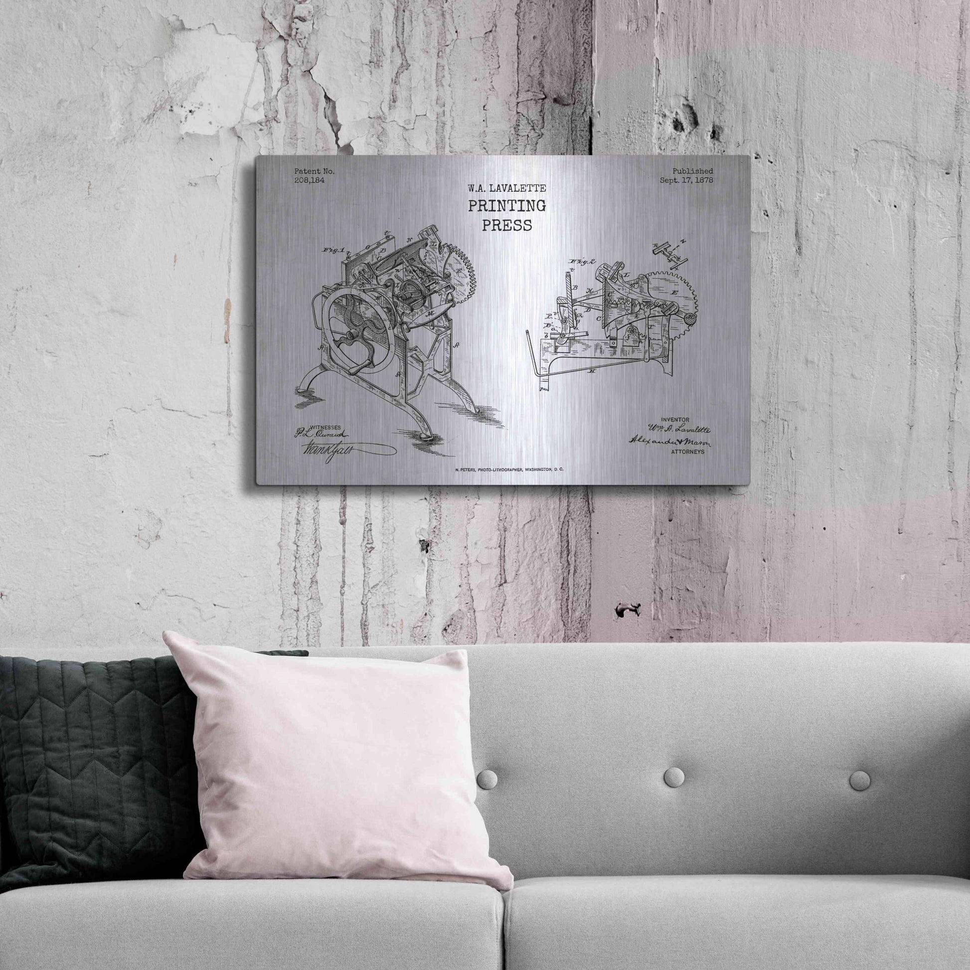 Luxe Metal Art 'Printing Press Blueprint Patent White' Metal Wall Art,36x24