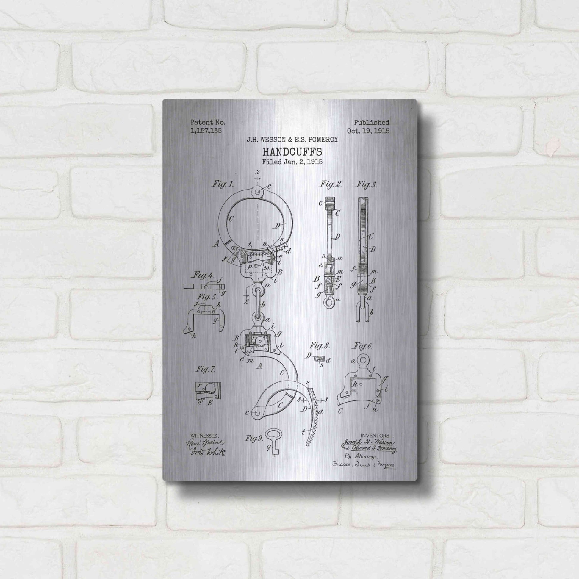 Luxe Metal Art 'Handcuffs Blueprint Patent White' Metal Wall Art,12x16