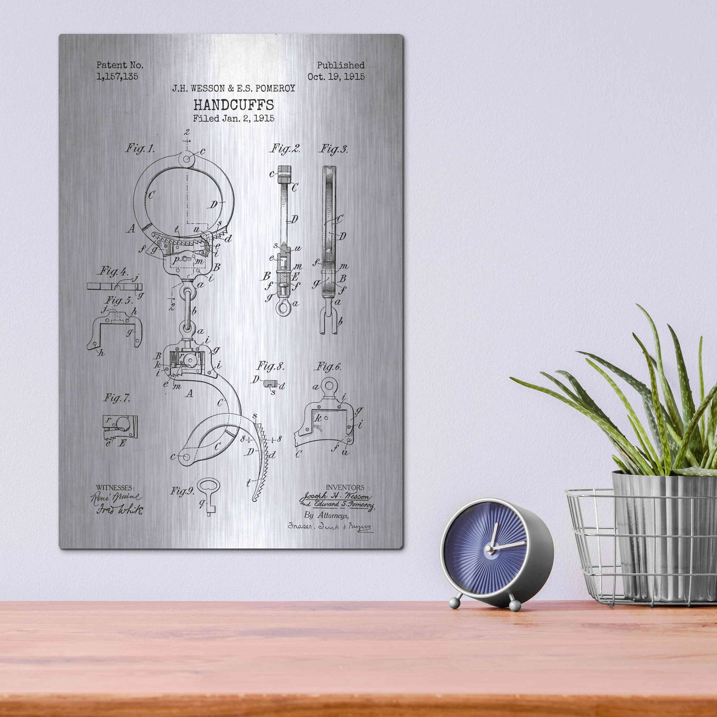 Luxe Metal Art 'Handcuffs Blueprint Patent White' Metal Wall Art,12x16