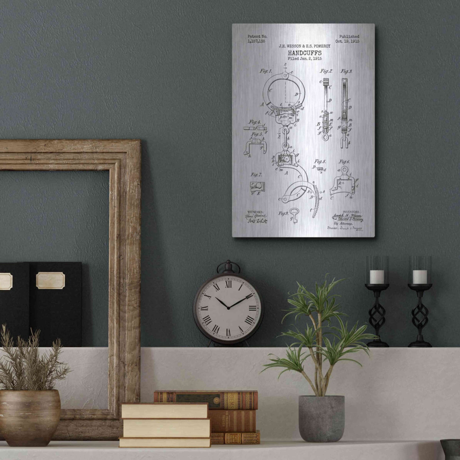 Luxe Metal Art 'Handcuffs Blueprint Patent White' Metal Wall Art,12x16