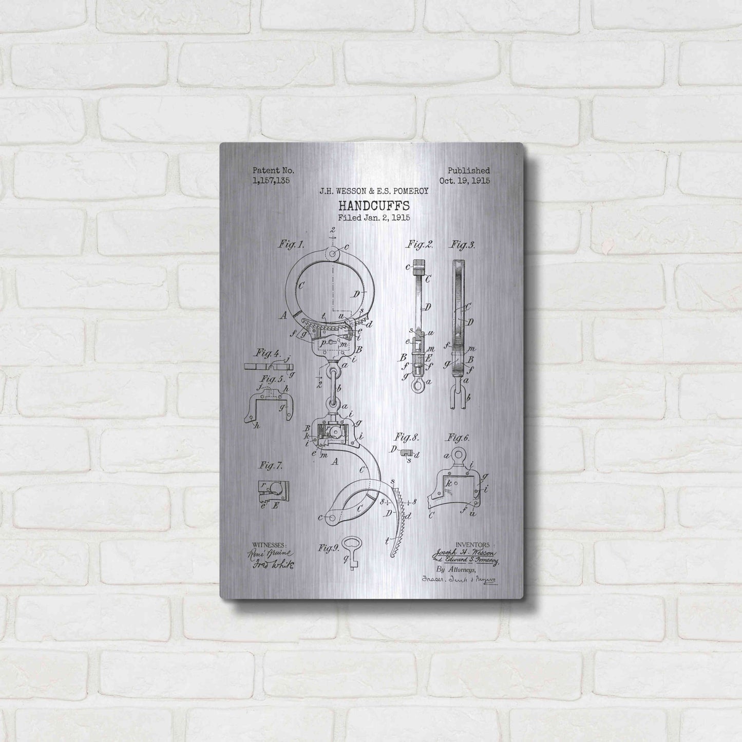 Luxe Metal Art 'Handcuffs Blueprint Patent White' Metal Wall Art,16x24