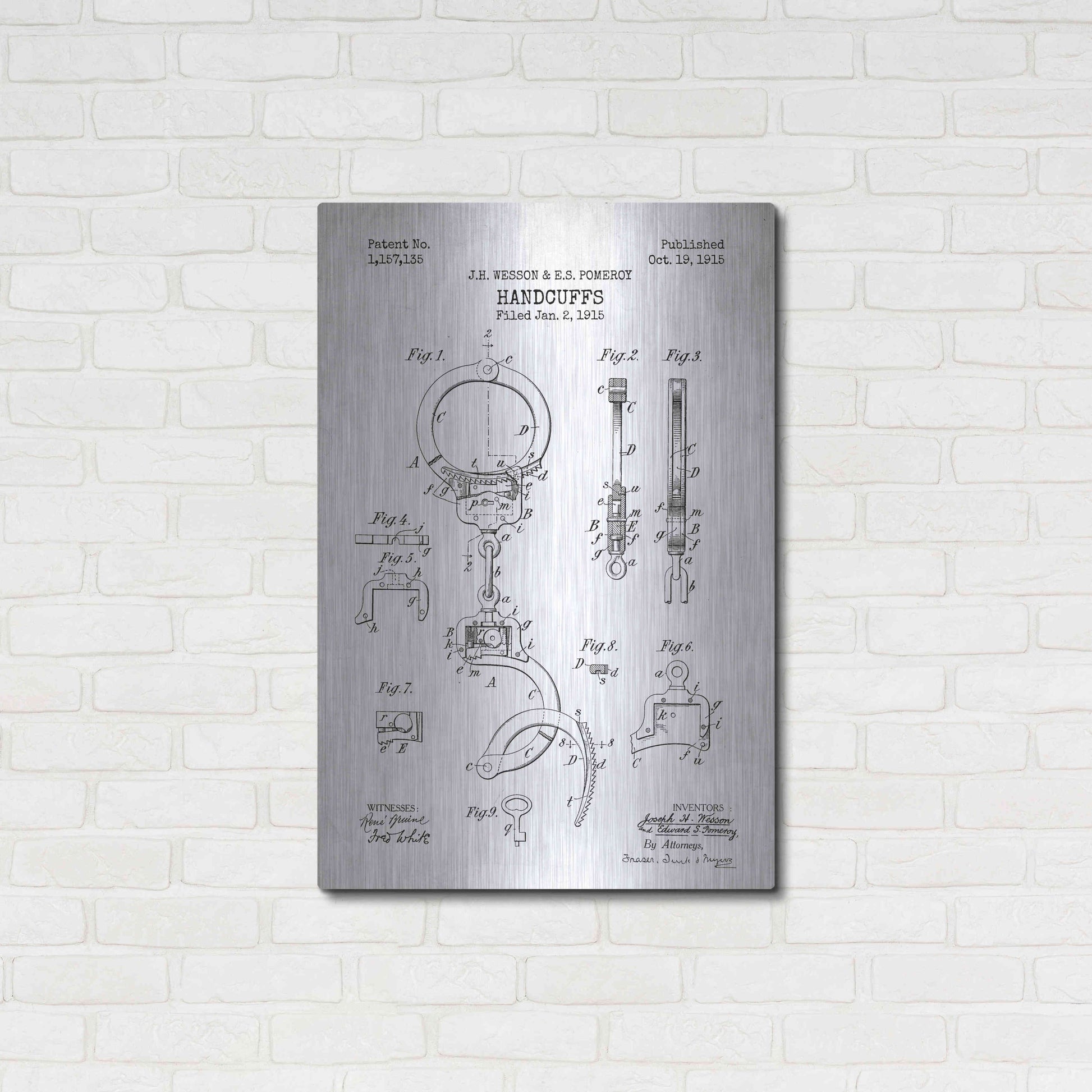 Luxe Metal Art 'Handcuffs Blueprint Patent White' Metal Wall Art,24x36