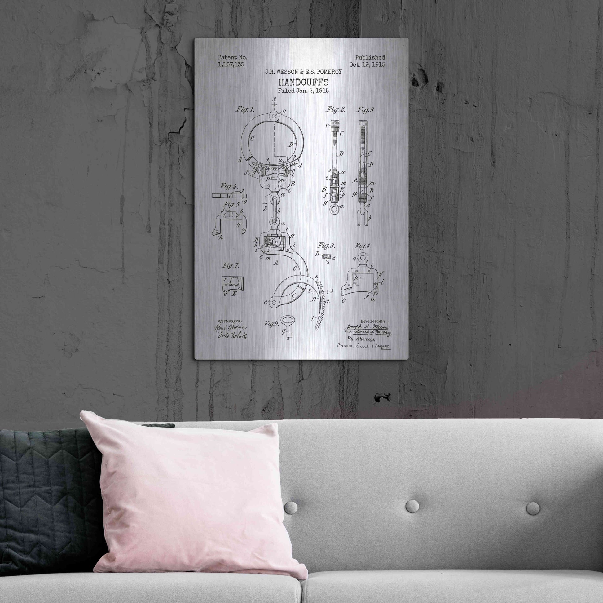 Luxe Metal Art 'Handcuffs Blueprint Patent White' Metal Wall Art,24x36