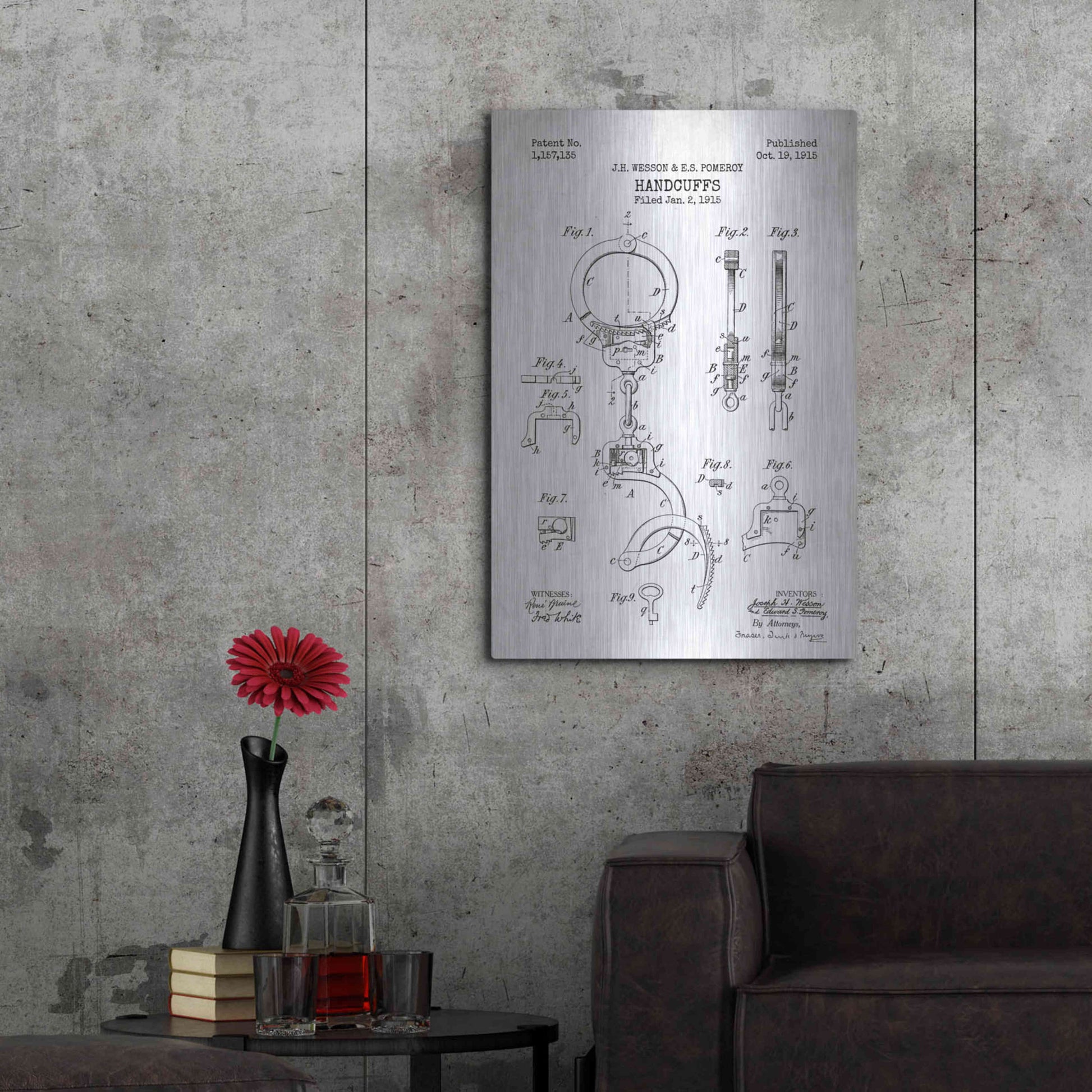 Luxe Metal Art 'Handcuffs Blueprint Patent White' Metal Wall Art,24x36