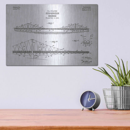 Luxe Metal Art 'Suspension Bridge Blueprint Patent White' Metal Wall Art,16x12