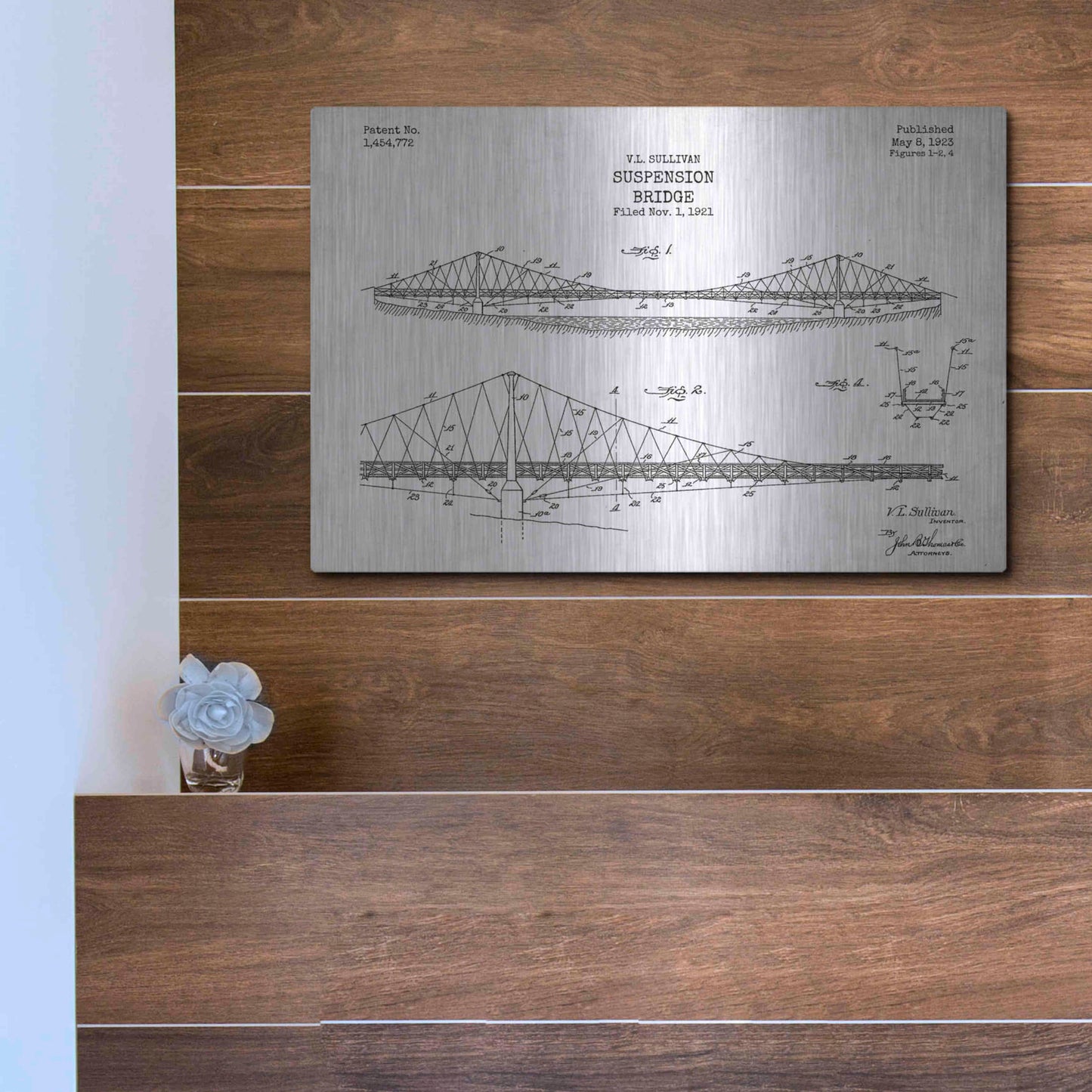 Luxe Metal Art 'Suspension Bridge Blueprint Patent White' Metal Wall Art,16x12