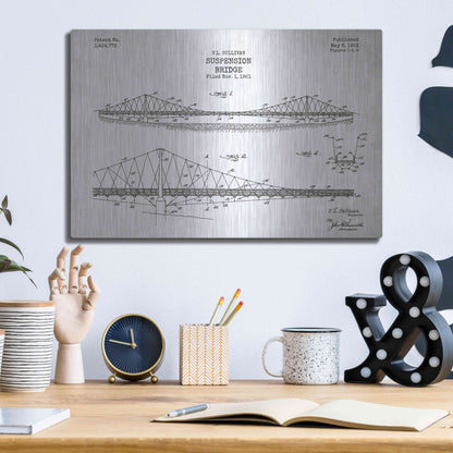 Luxe Metal Art 'Suspension Bridge Blueprint Patent White' Metal Wall Art,16x12