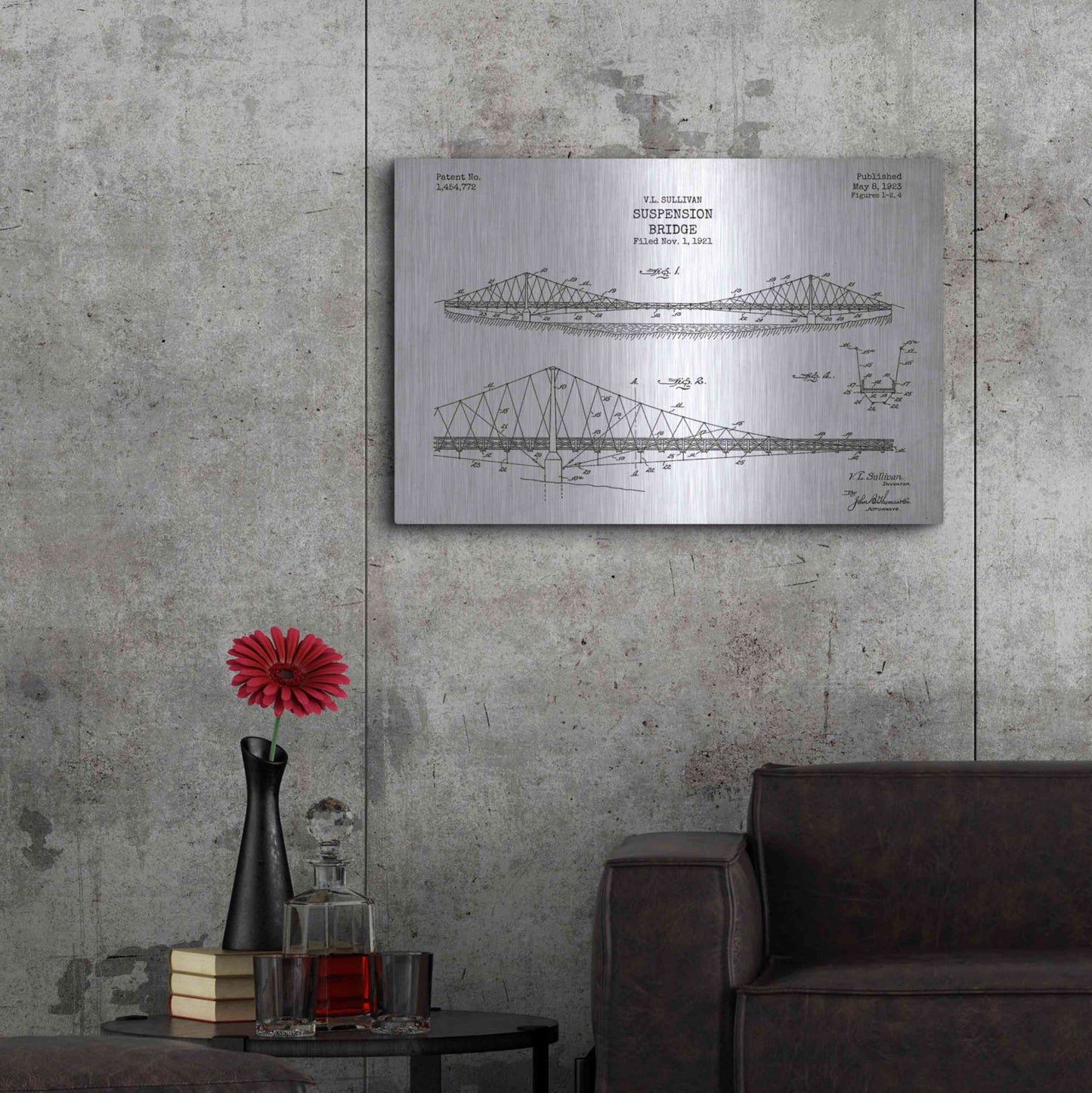 Luxe Metal Art 'Suspension Bridge Blueprint Patent White' Metal Wall Art,36x24