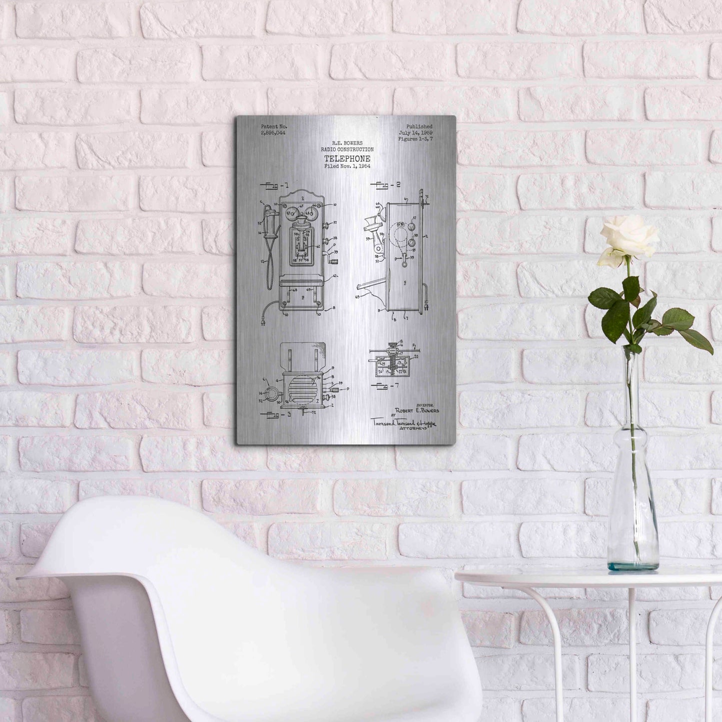 Luxe Metal Art 'Telephone, 1959 Blueprint Patent White' Metal Wall Art,16x24