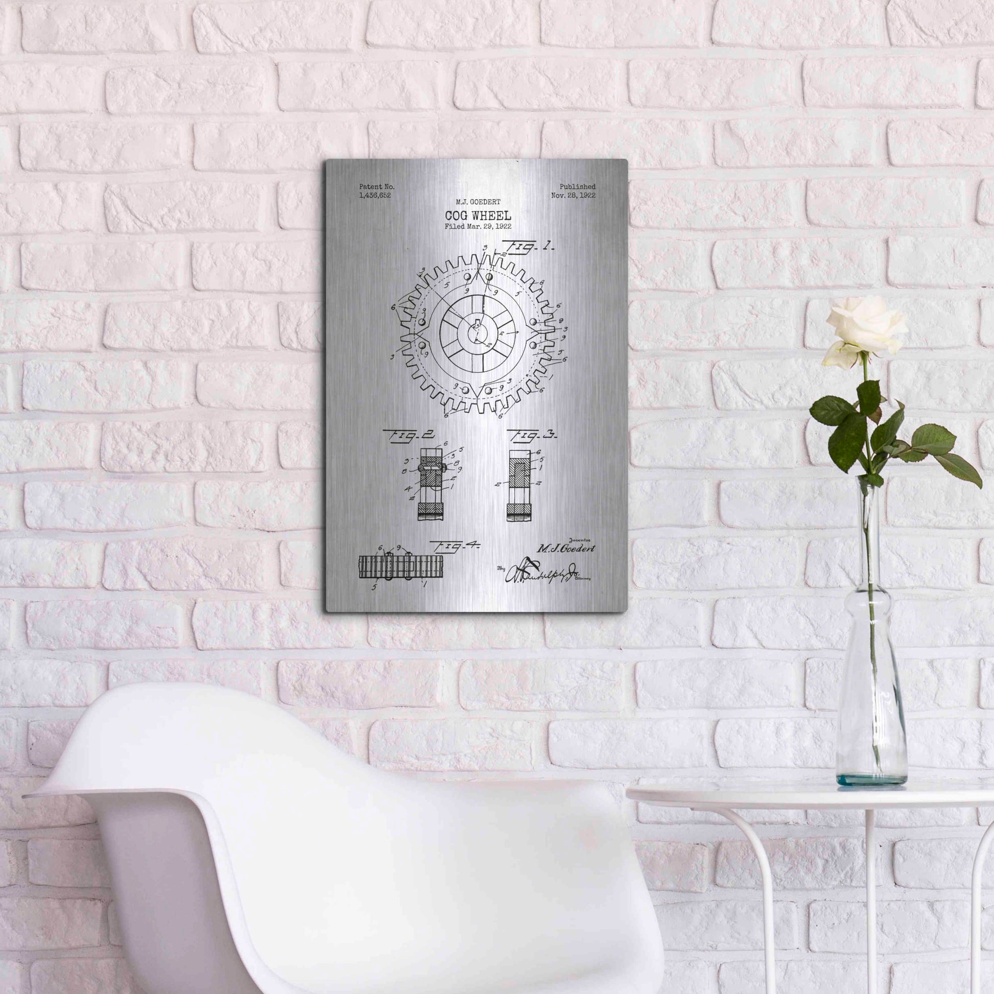 Luxe Metal Art 'Cog Wheel Blueprint Patent White' Metal Wall Art,16x24