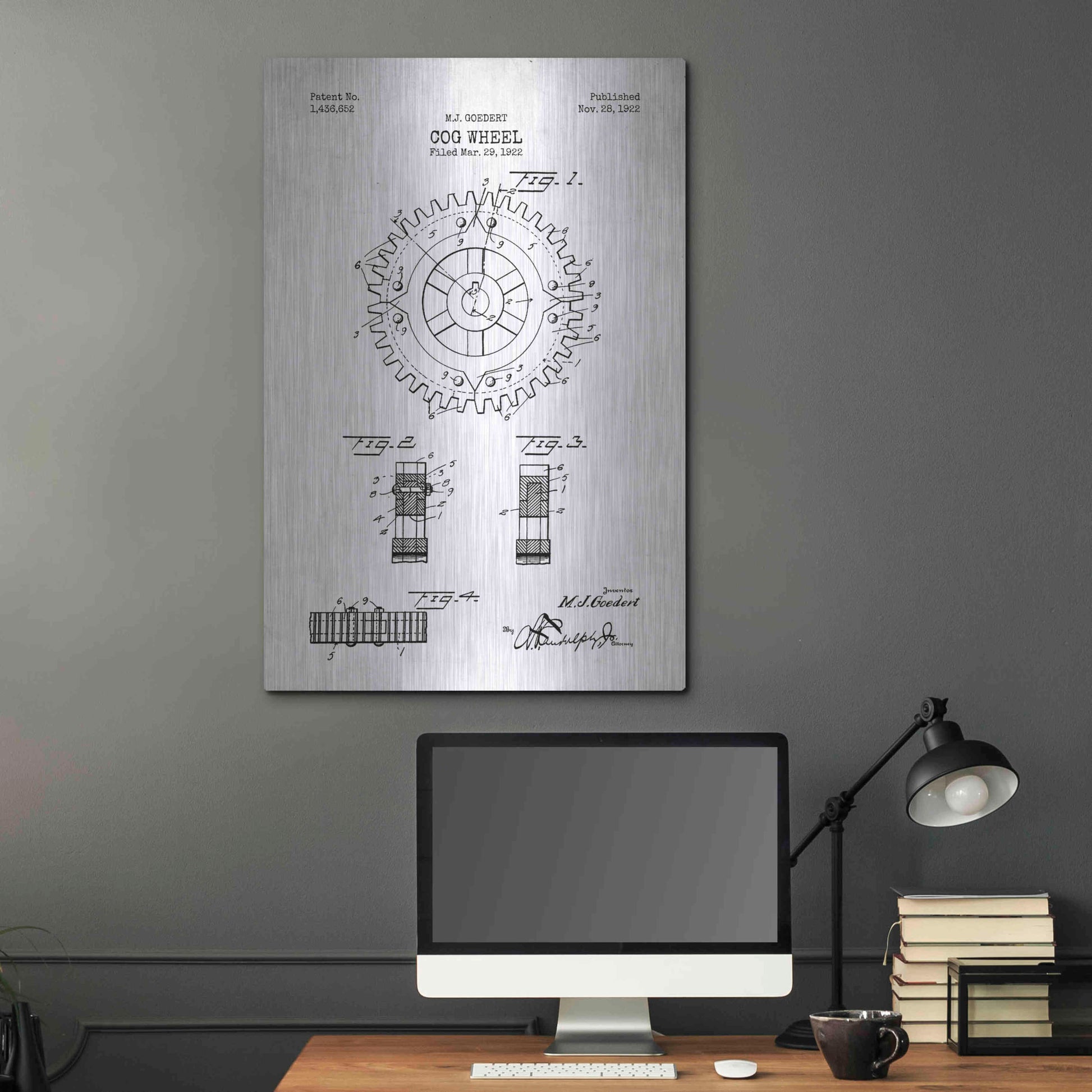 Luxe Metal Art 'Cog Wheel Blueprint Patent White' Metal Wall Art,24x36