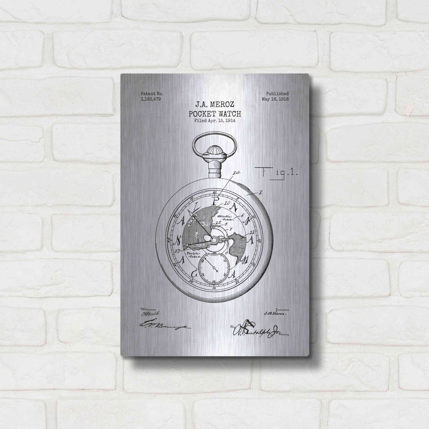 Luxe Metal Art 'Pocket Watch Blueprint Patent White' Metal Wall Art,12x16