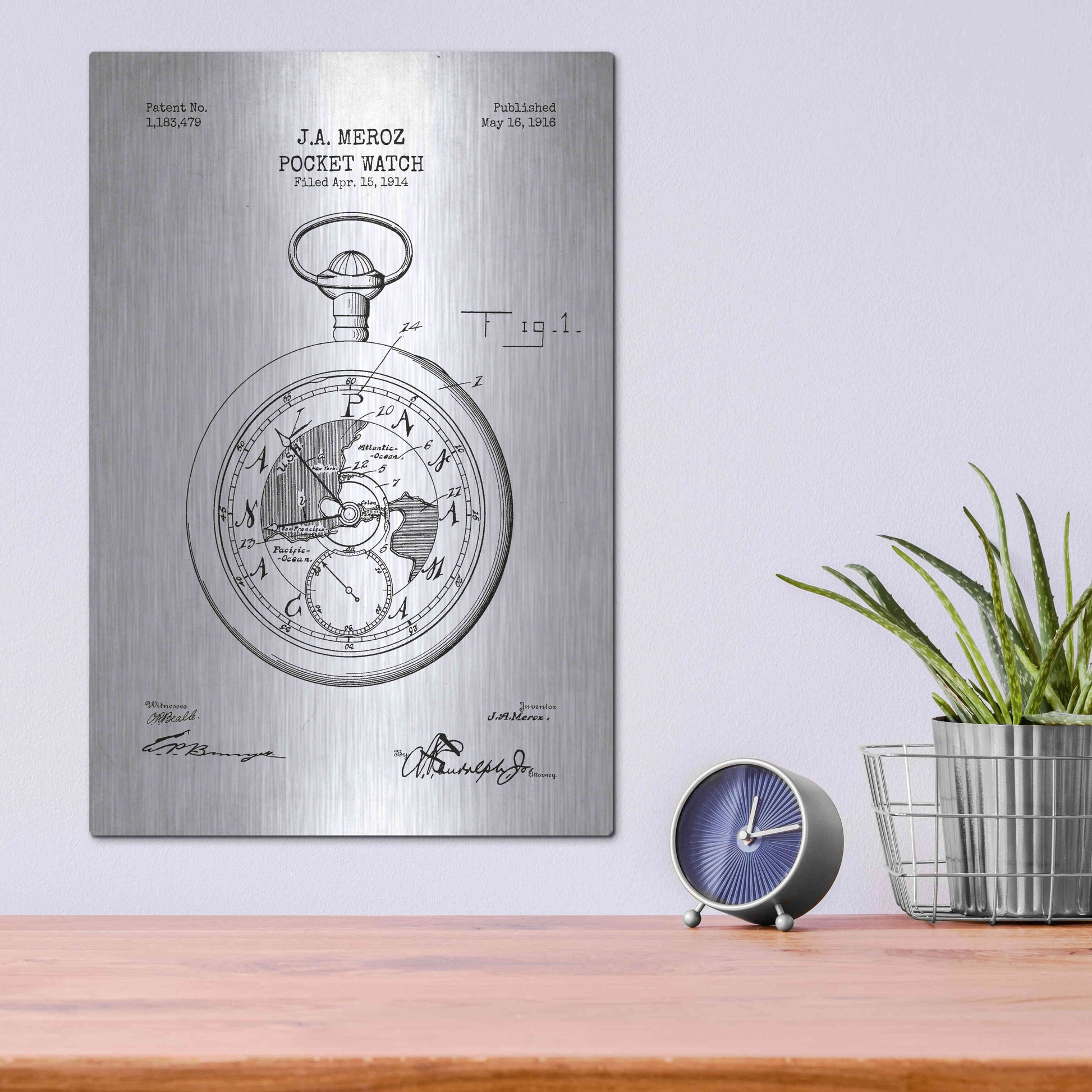 Luxe Metal Art 'Pocket Watch Blueprint Patent White' Metal Wall Art,12x16