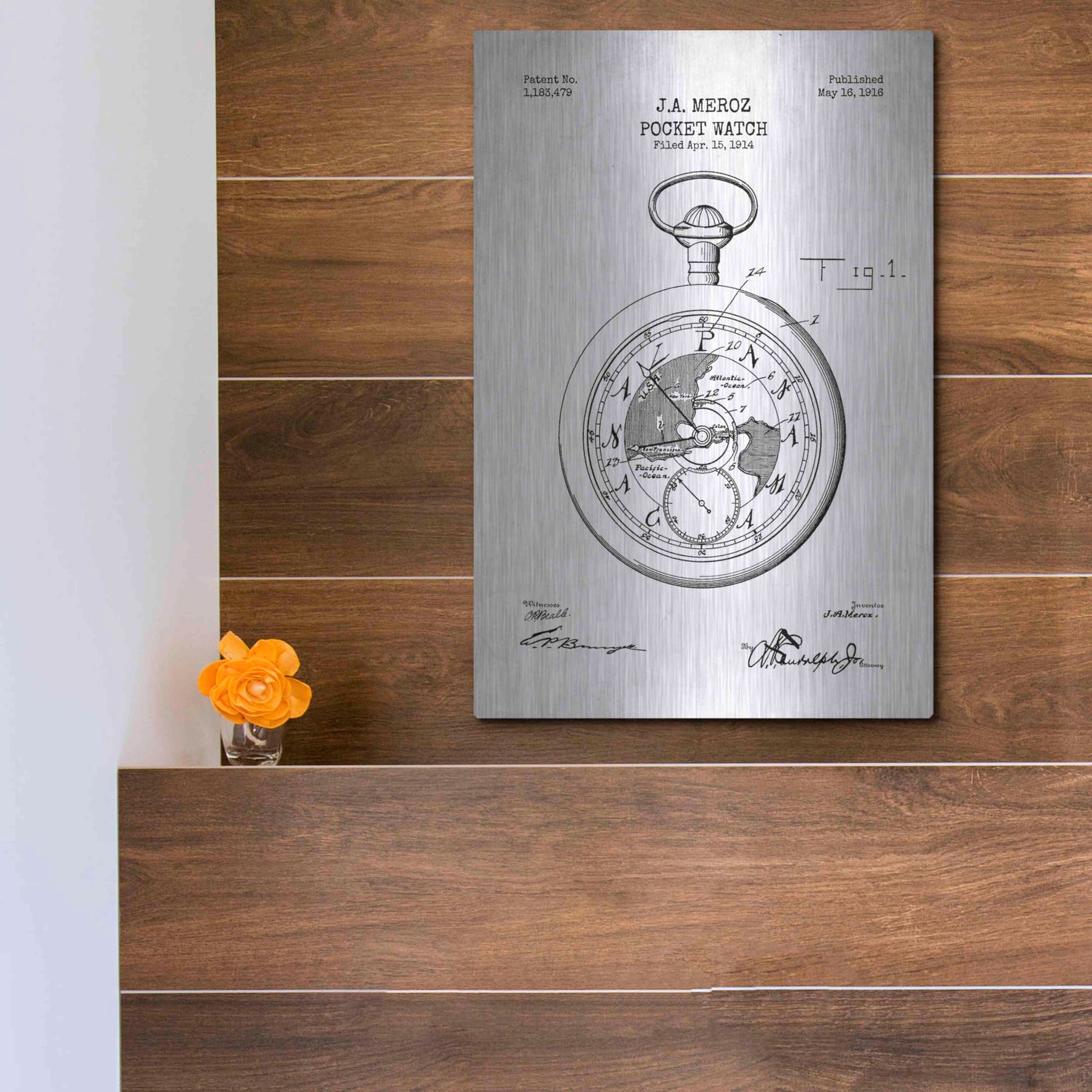 Luxe Metal Art 'Pocket Watch Blueprint Patent White' Metal Wall Art,12x16