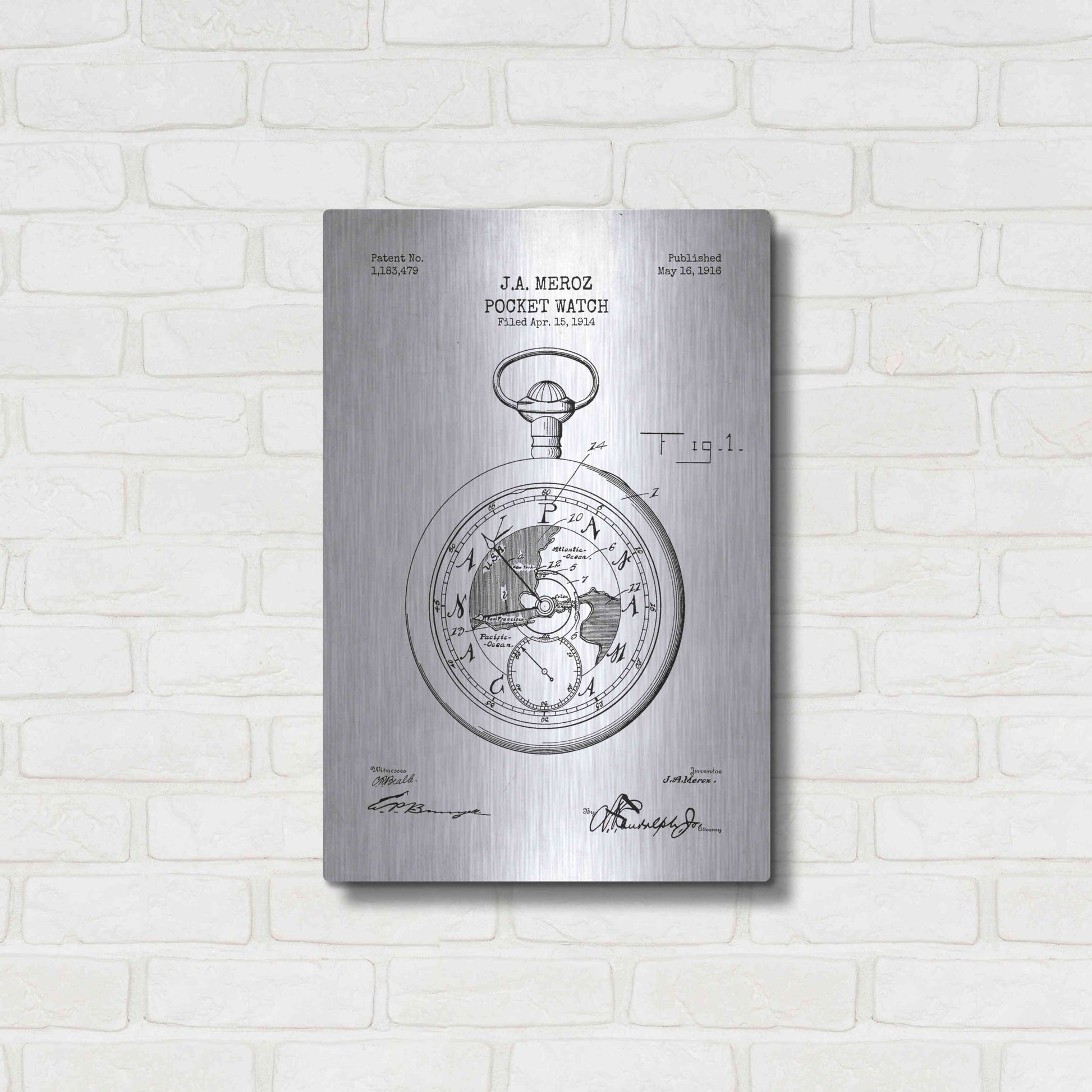 Luxe Metal Art 'Pocket Watch Blueprint Patent White' Metal Wall Art,16x24