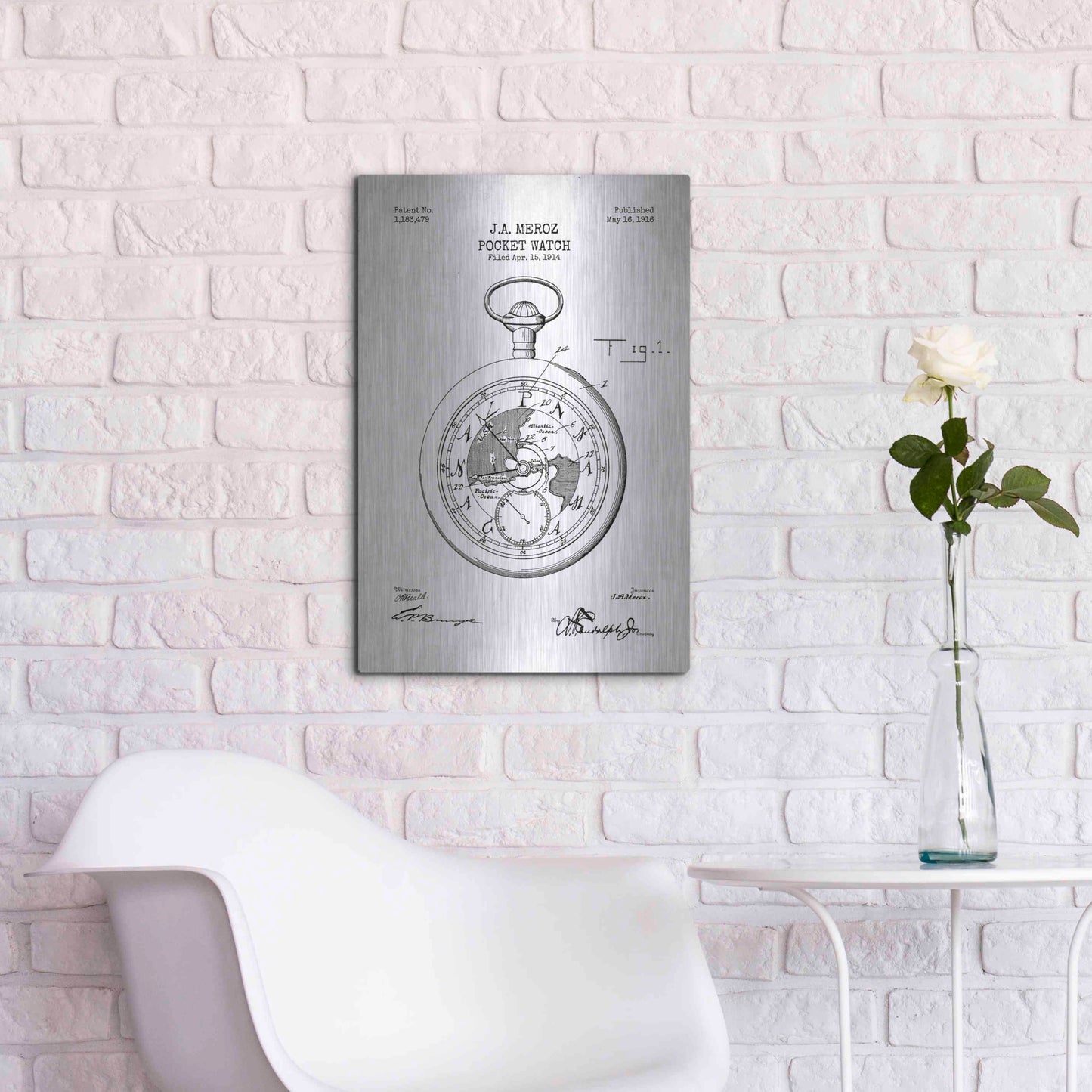 Luxe Metal Art 'Pocket Watch Blueprint Patent White' Metal Wall Art,16x24