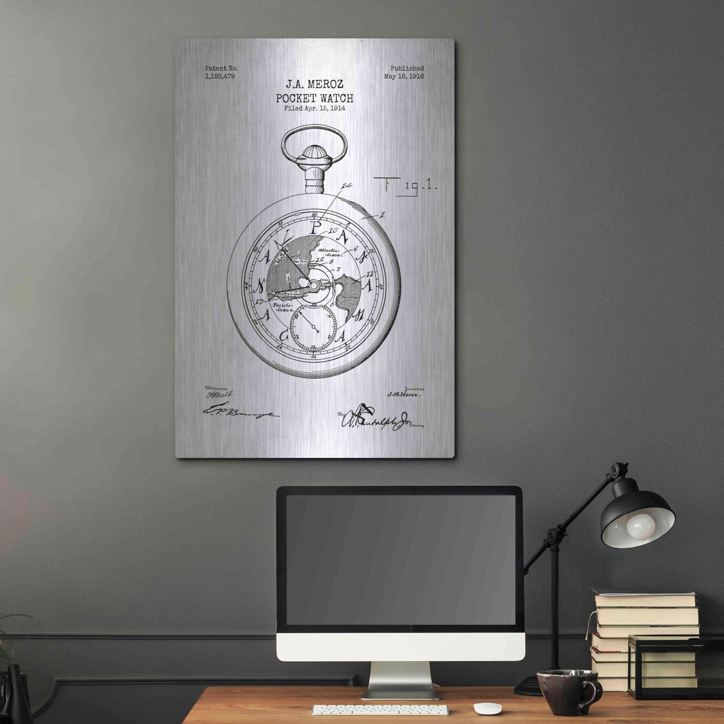 Luxe Metal Art 'Pocket Watch Blueprint Patent White' Metal Wall Art,24x36