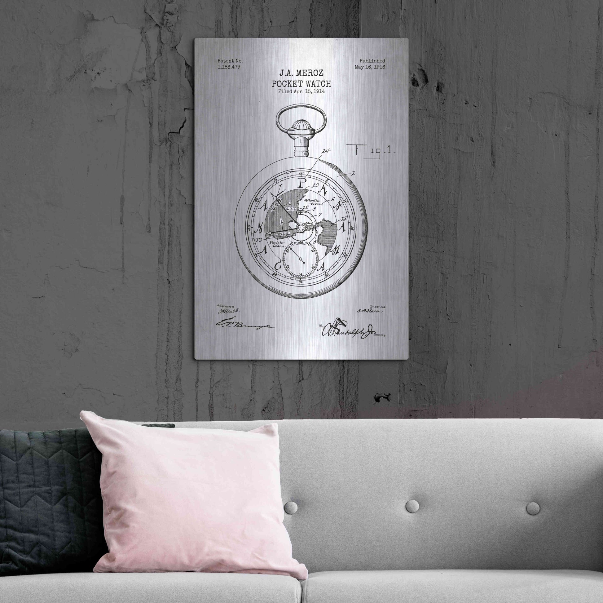 Luxe Metal Art 'Pocket Watch Blueprint Patent White' Metal Wall Art,24x36