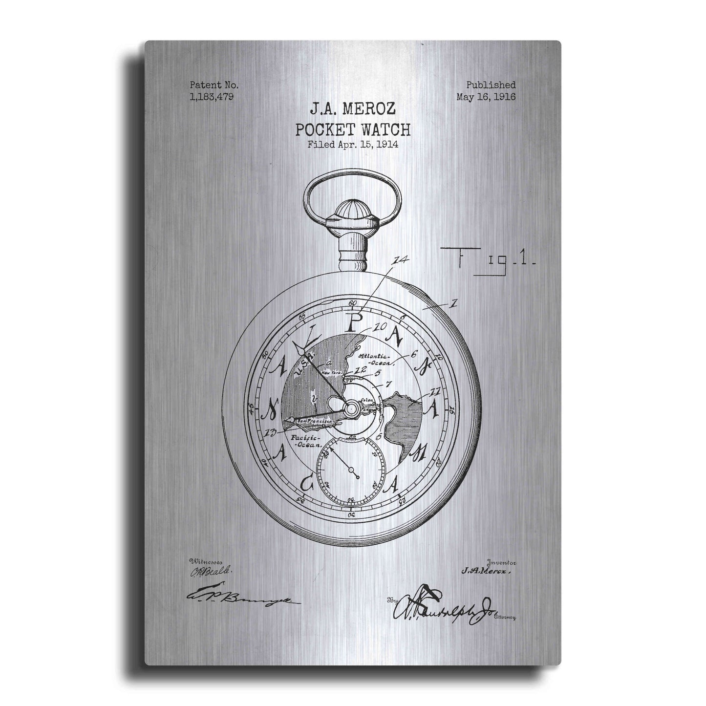 Luxe Metal Art 'Pocket Watch Blueprint Patent White' Metal Wall Art