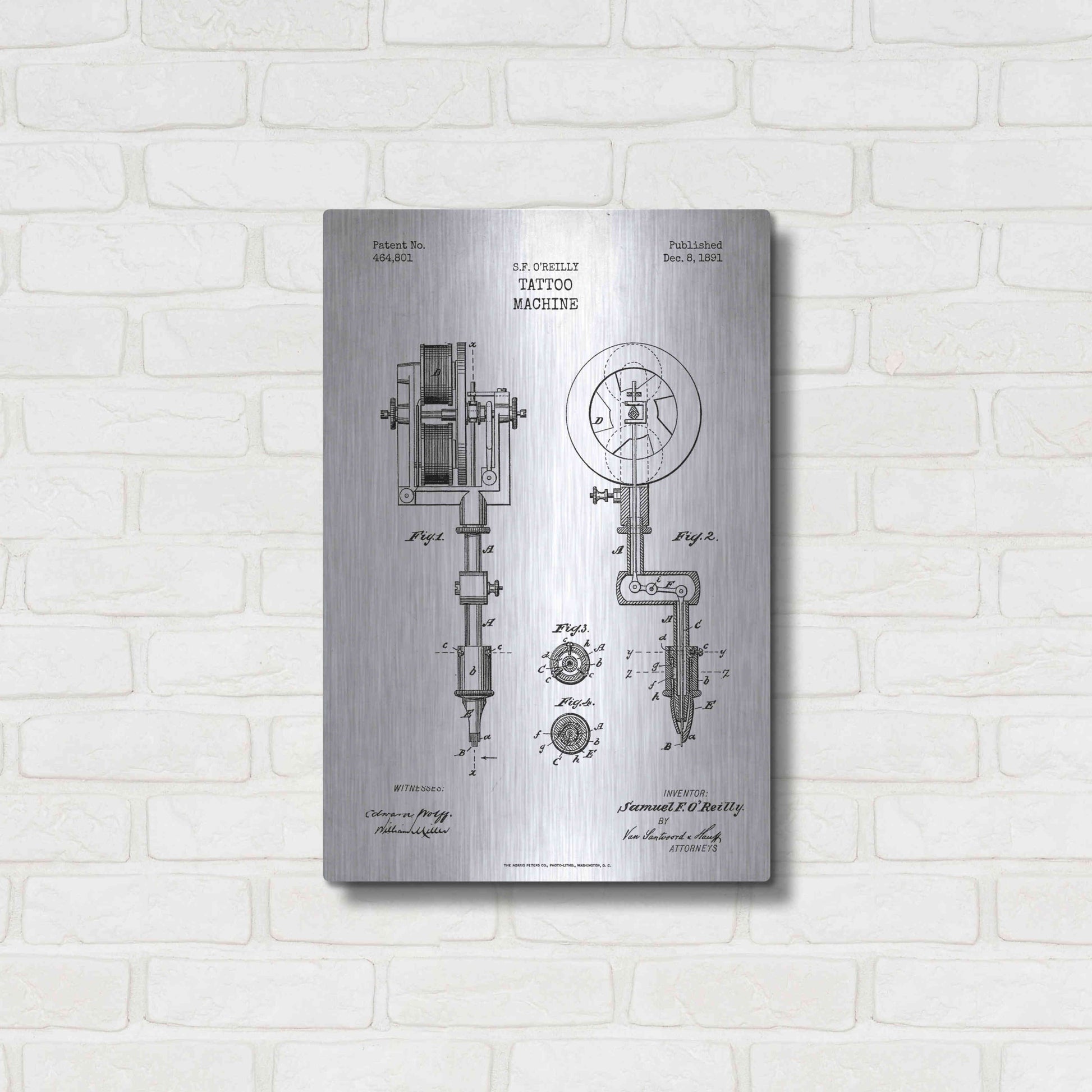 Luxe Metal Art 'Tattoo Machine Blueprint Patent White' Metal Wall Art,16x24