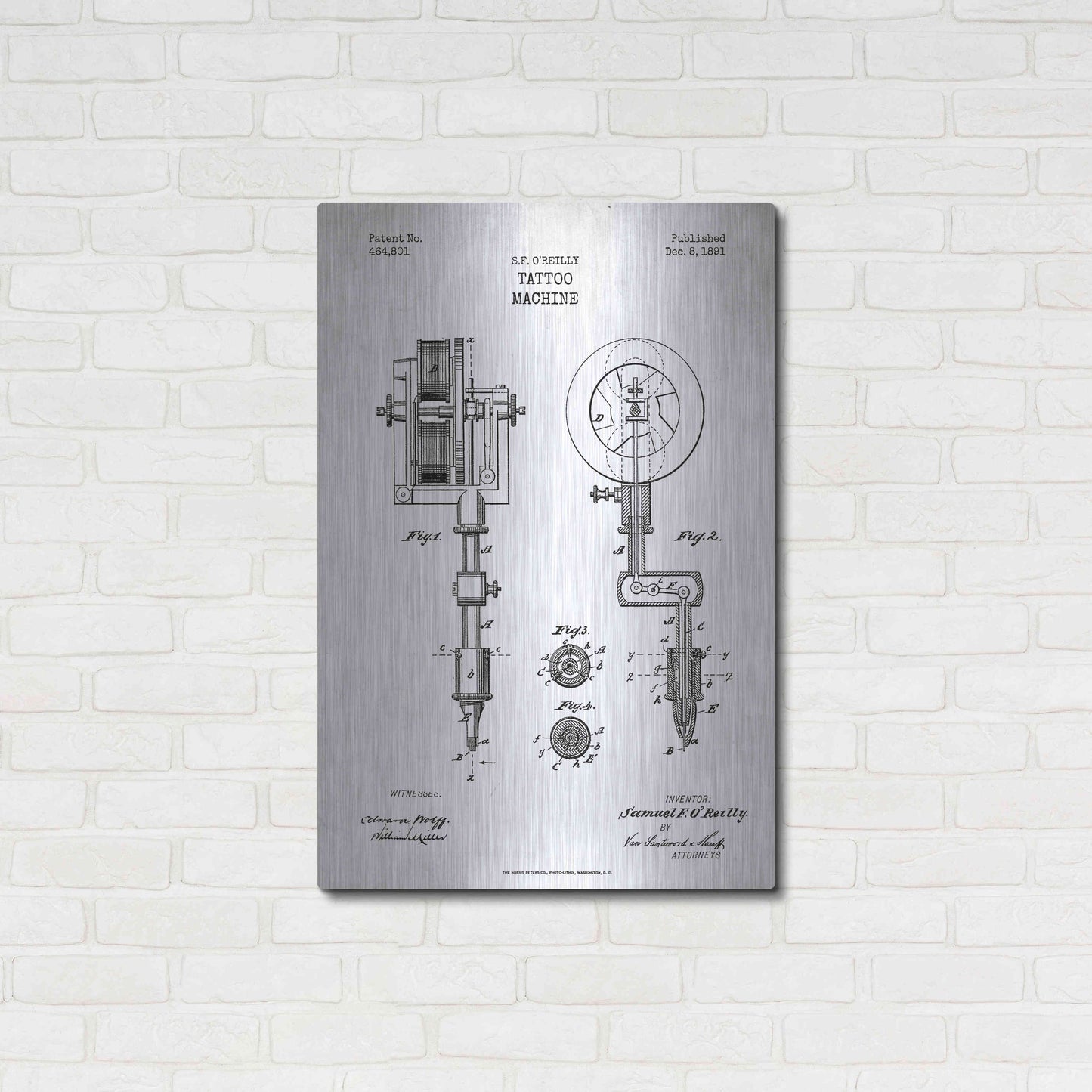 Luxe Metal Art 'Tattoo Machine Blueprint Patent White' Metal Wall Art,24x36