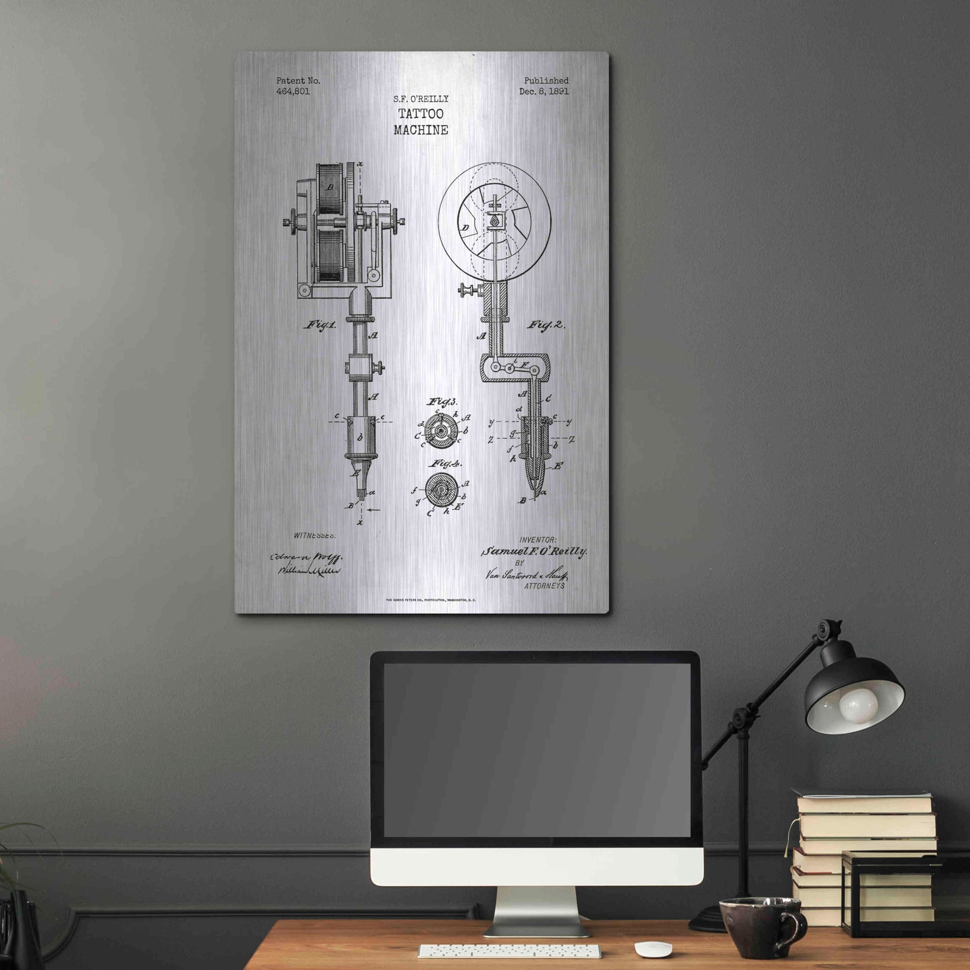 Luxe Metal Art 'Tattoo Machine Blueprint Patent White' Metal Wall Art,24x36