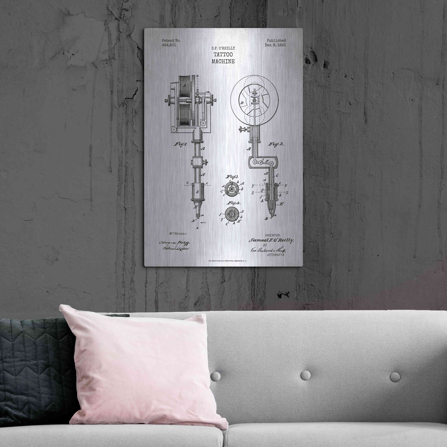 Luxe Metal Art 'Tattoo Machine Blueprint Patent White' Metal Wall Art,24x36