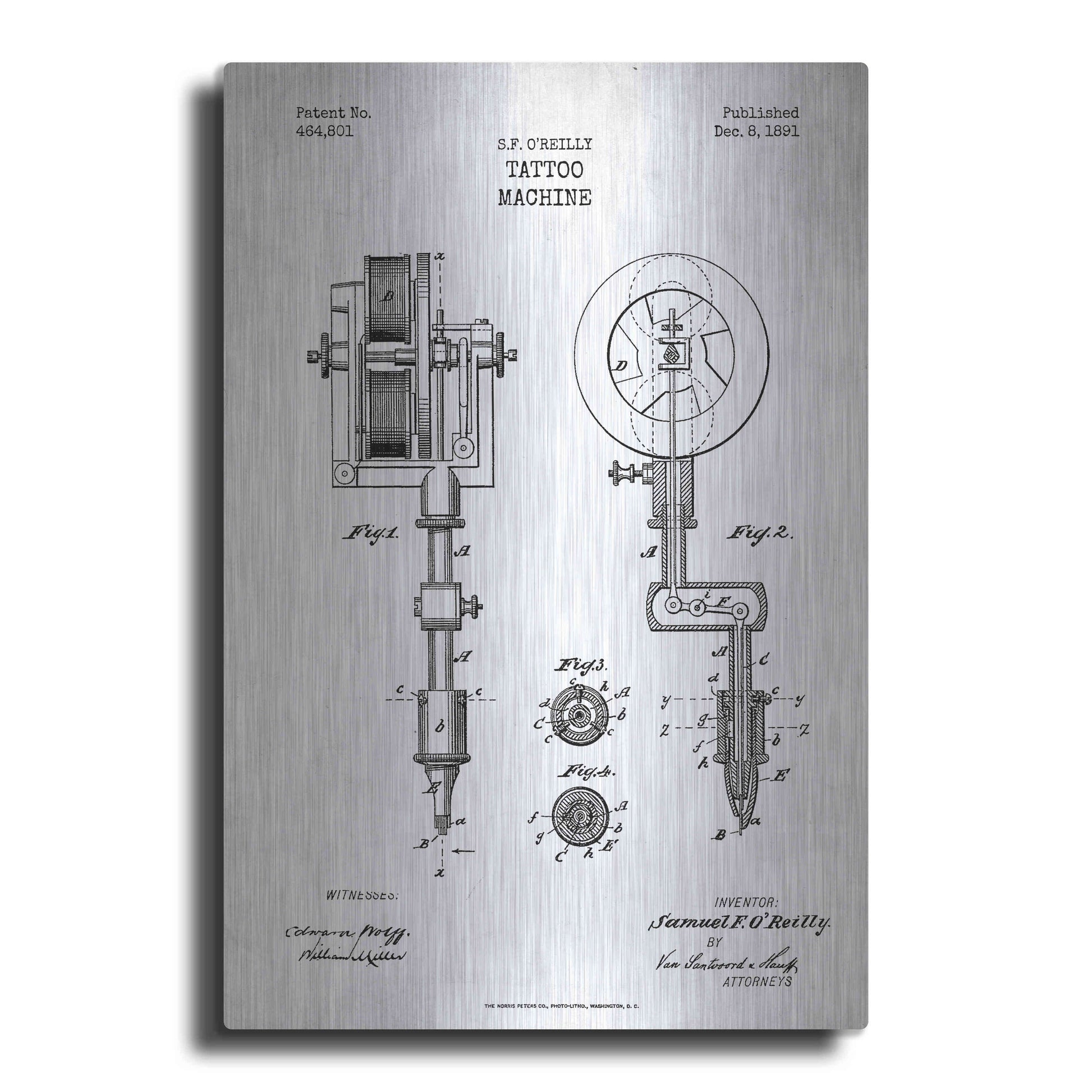 Luxe Metal Art 'Tattoo Machine Blueprint Patent White' Metal Wall Art