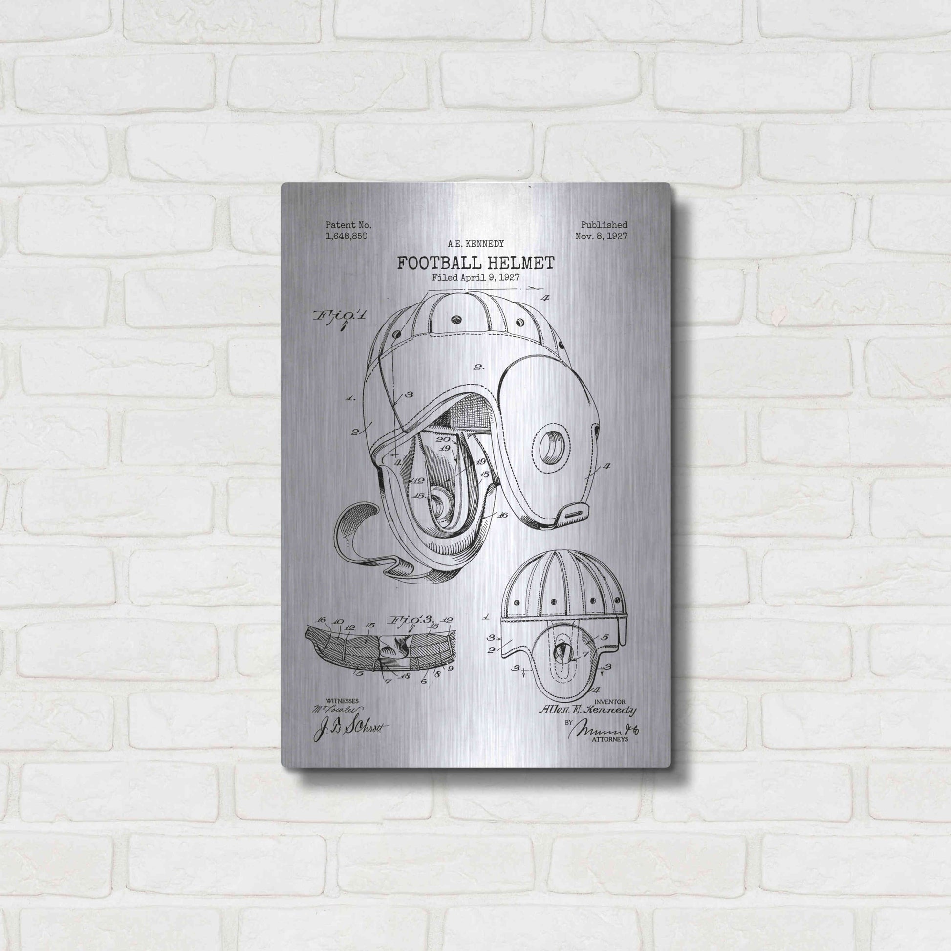 Luxe Metal Art 'Football Helmet Blueprint Patent White' Metal Wall Art,16x24