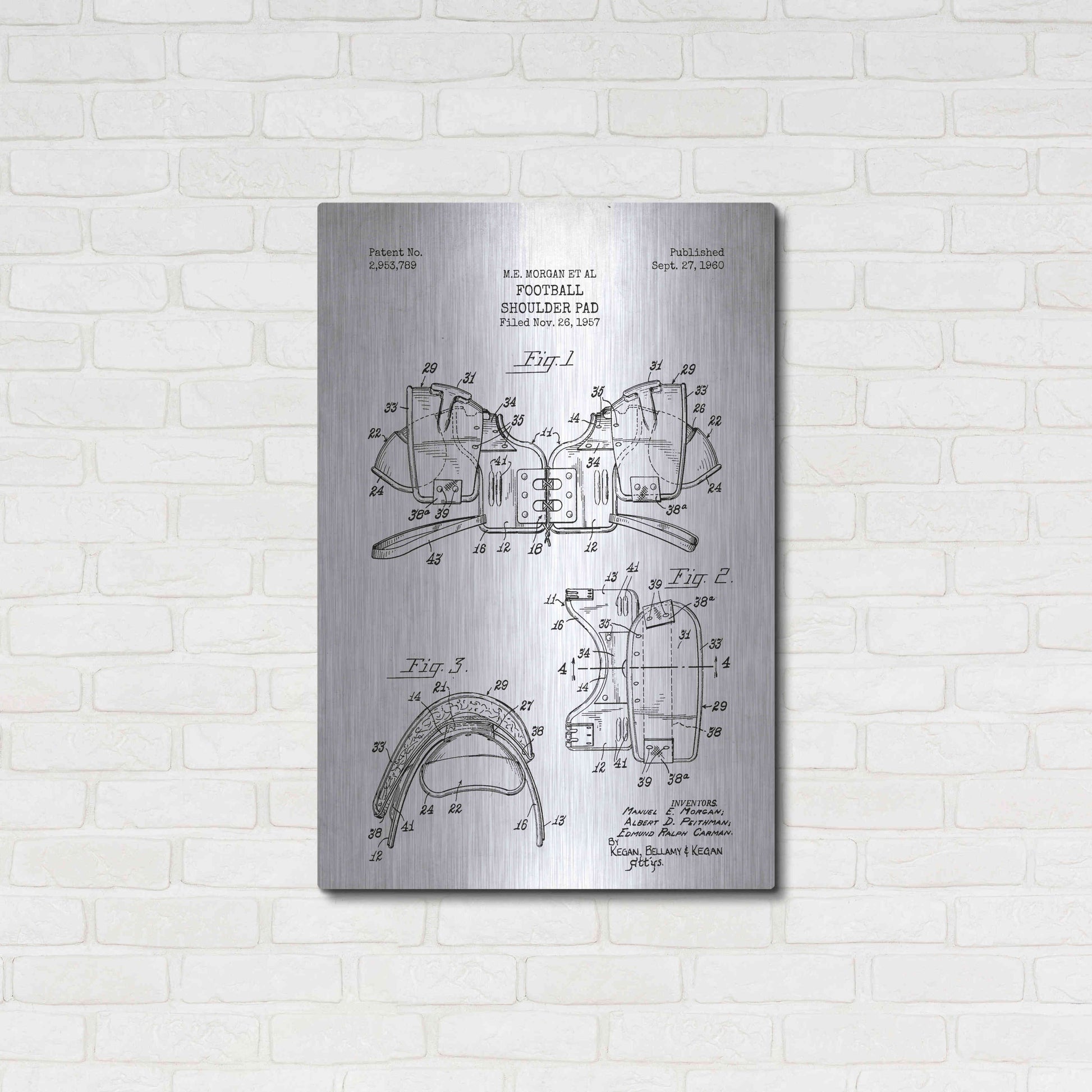 Luxe Metal Art 'Football Shoulder Pad Blueprint Patent White' Metal Wall Art,24x36