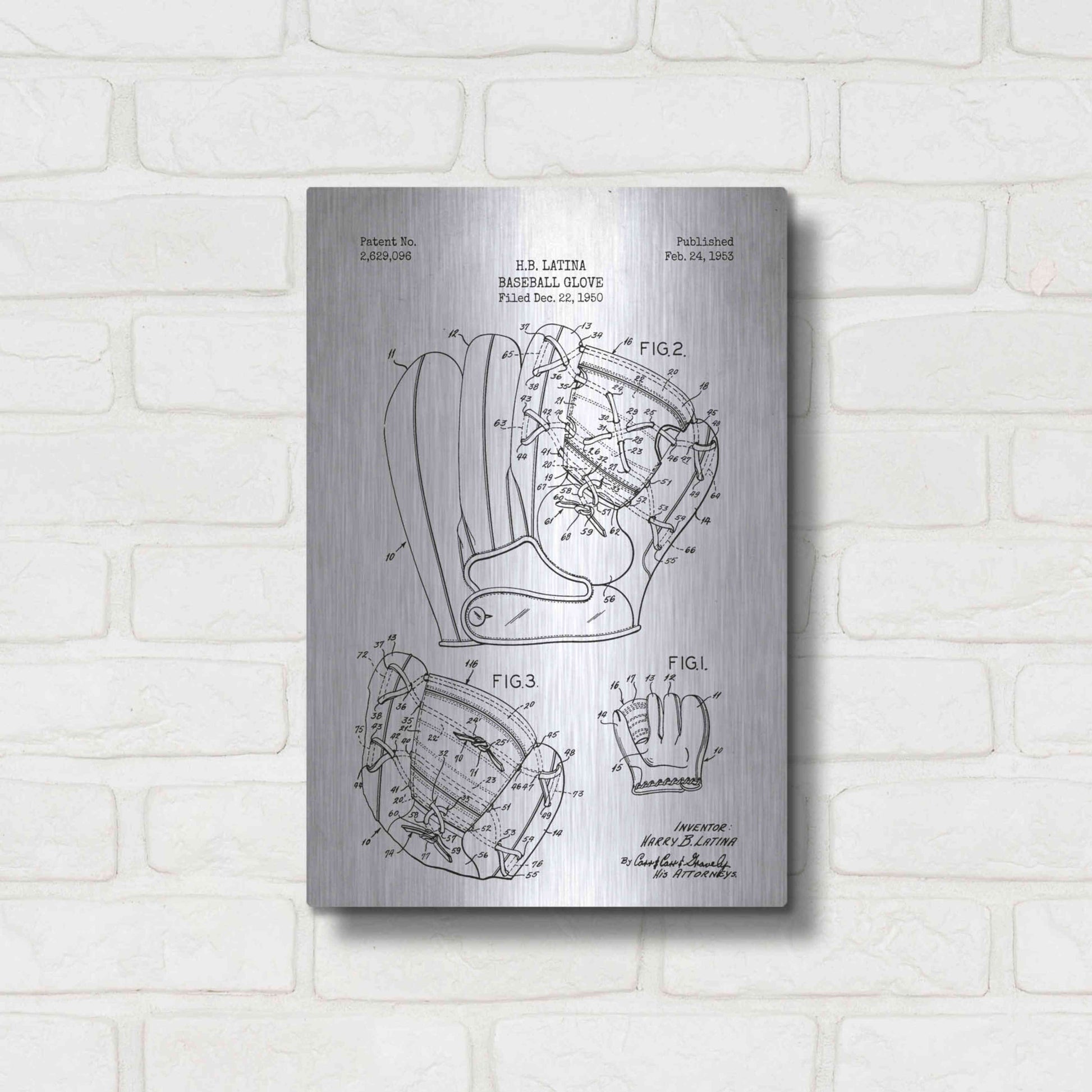 Luxe Metal Art 'Baseball Glove Blueprint Patent White' Metal Wall Art,12x16