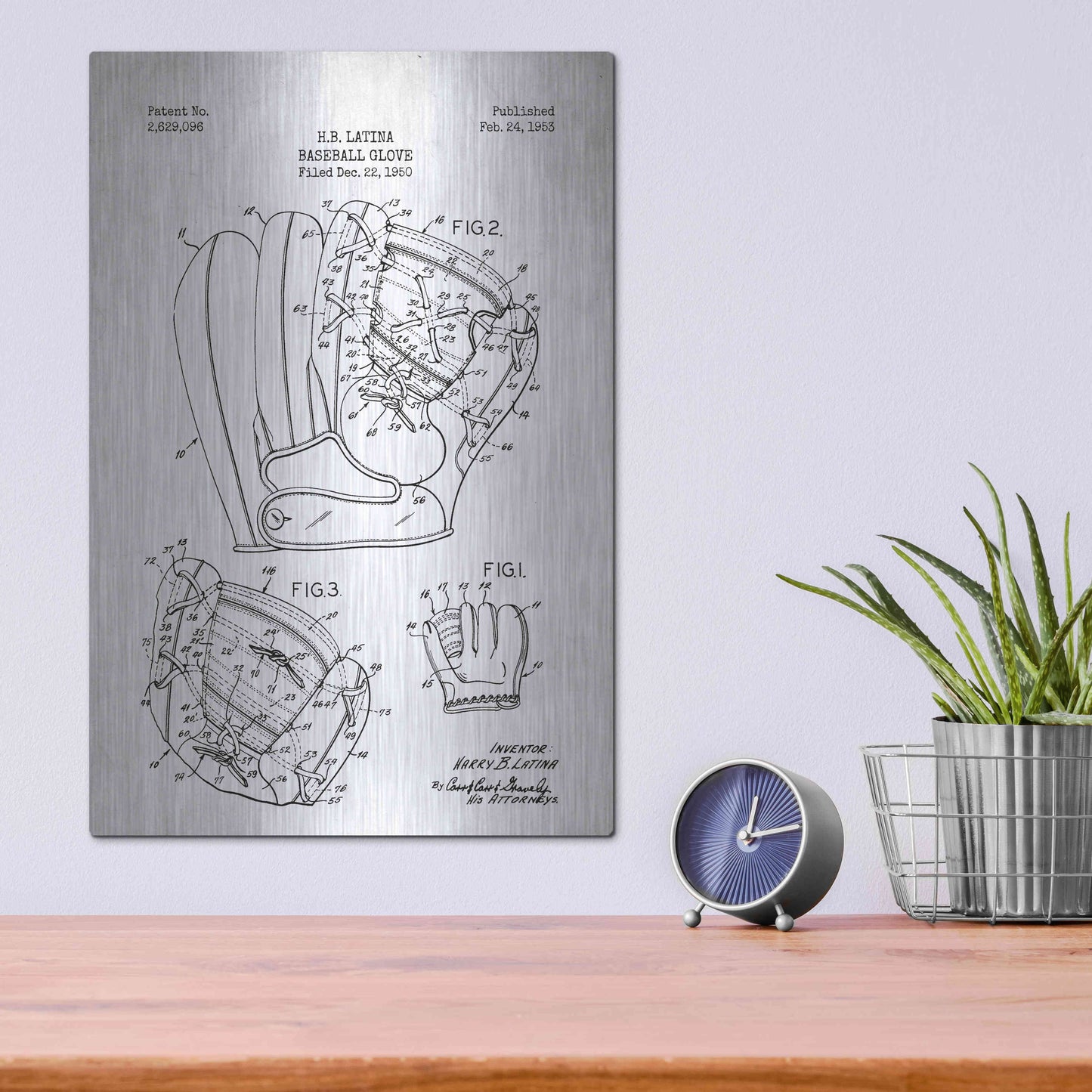 Luxe Metal Art 'Baseball Glove Blueprint Patent White' Metal Wall Art,12x16