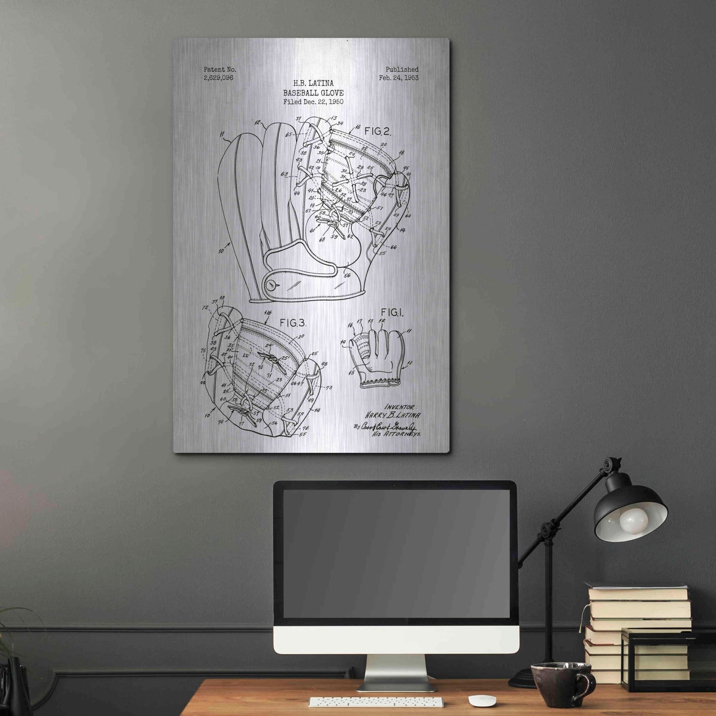 Luxe Metal Art 'Baseball Glove Blueprint Patent White' Metal Wall Art,24x36