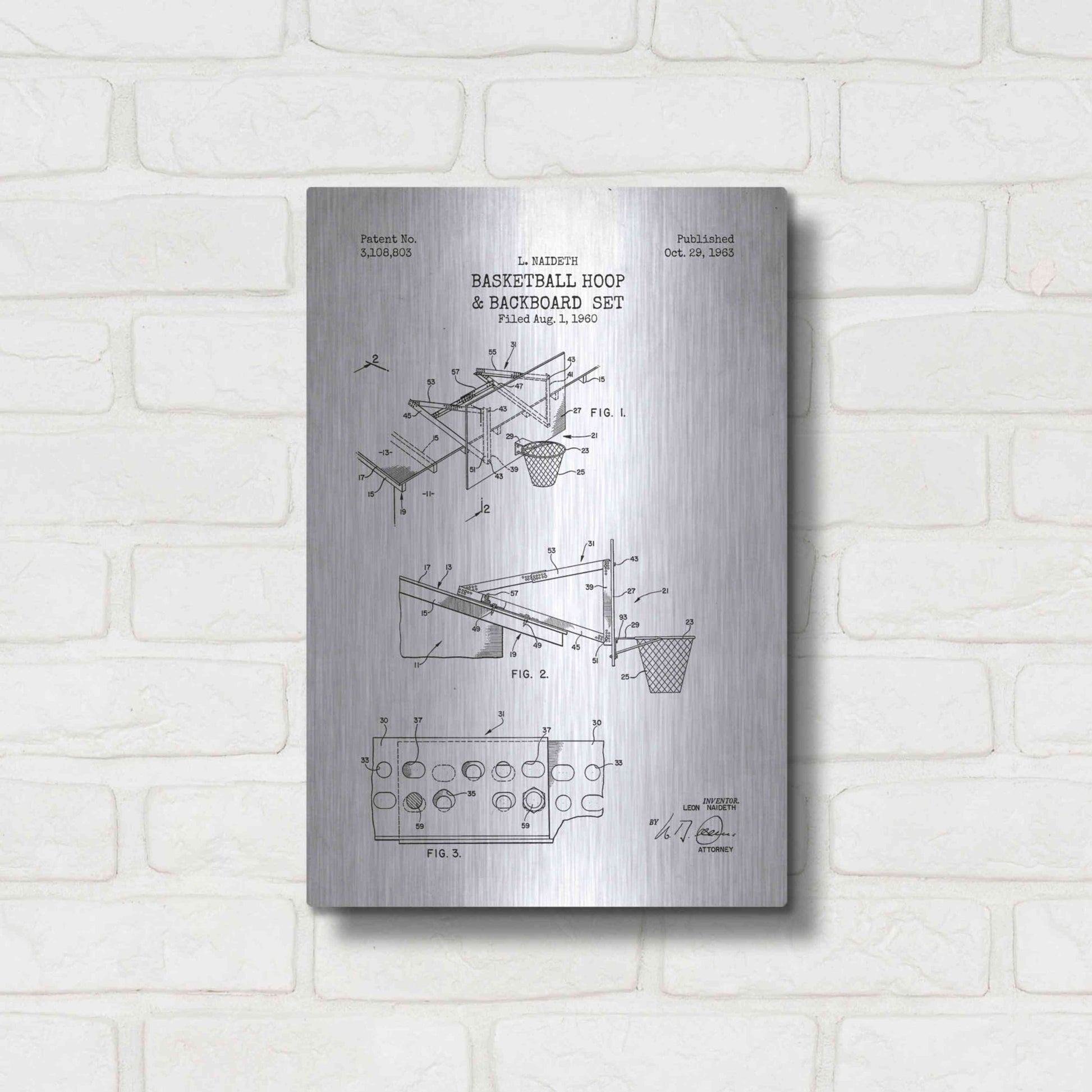 Luxe Metal Art 'Basketball Hoop and Backboard Blueprint Patent White' Metal Wall Art,12x16