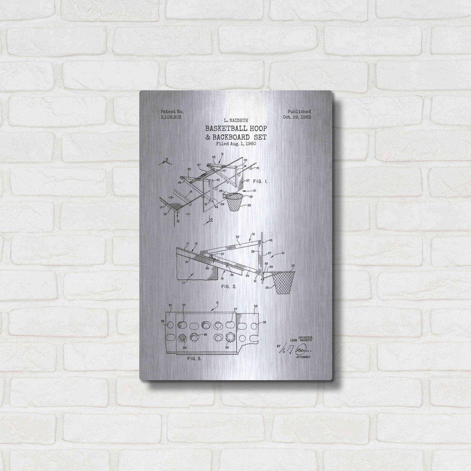 Luxe Metal Art 'Basketball Hoop and Backboard Blueprint Patent White' Metal Wall Art,16x24