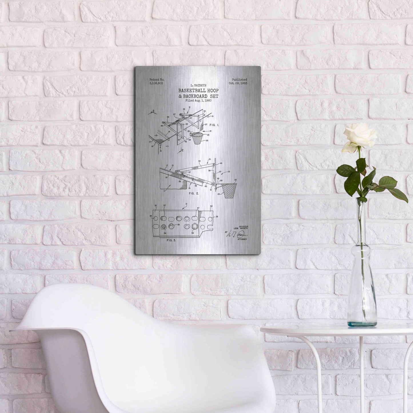 Luxe Metal Art 'Basketball Hoop and Backboard Blueprint Patent White' Metal Wall Art,16x24