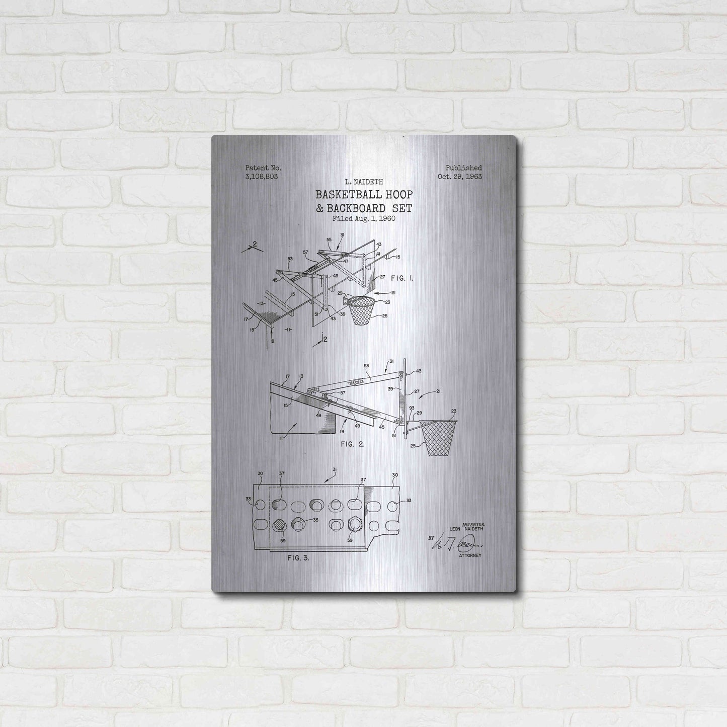 Luxe Metal Art 'Basketball Hoop and Backboard Blueprint Patent White' Metal Wall Art,24x36