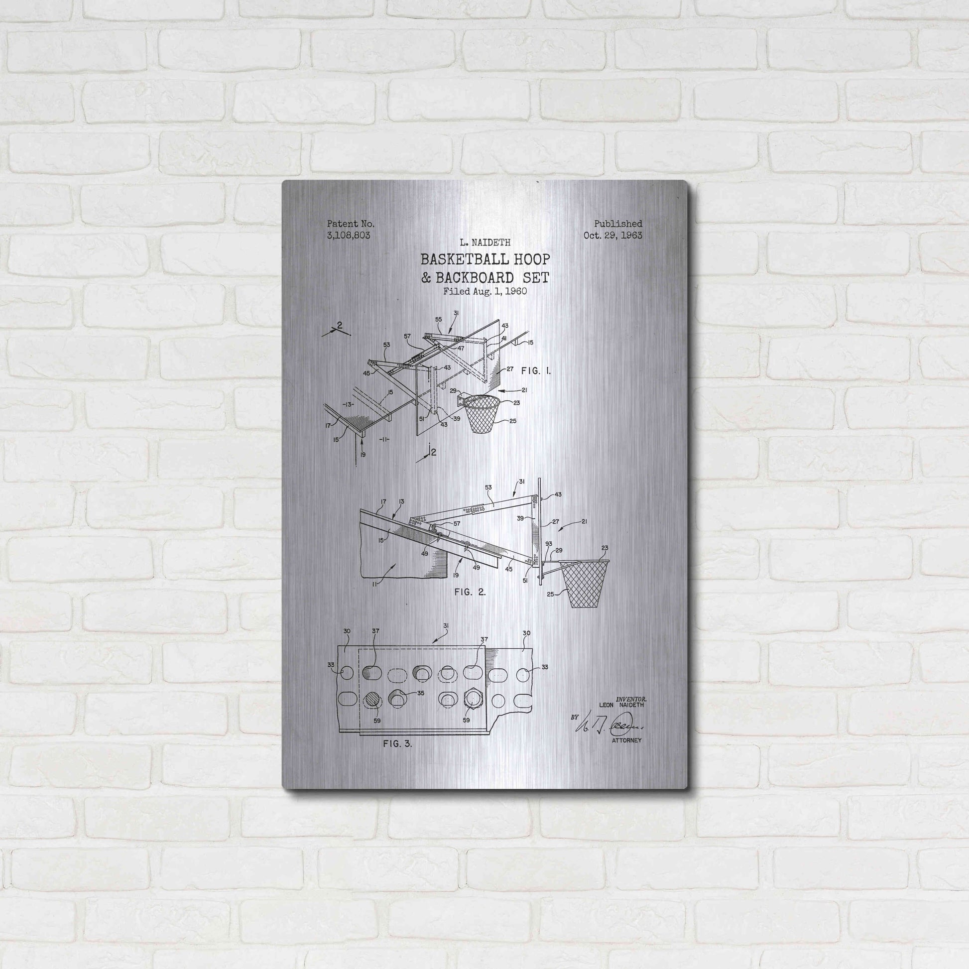 Luxe Metal Art 'Basketball Hoop and Backboard Blueprint Patent White' Metal Wall Art,24x36