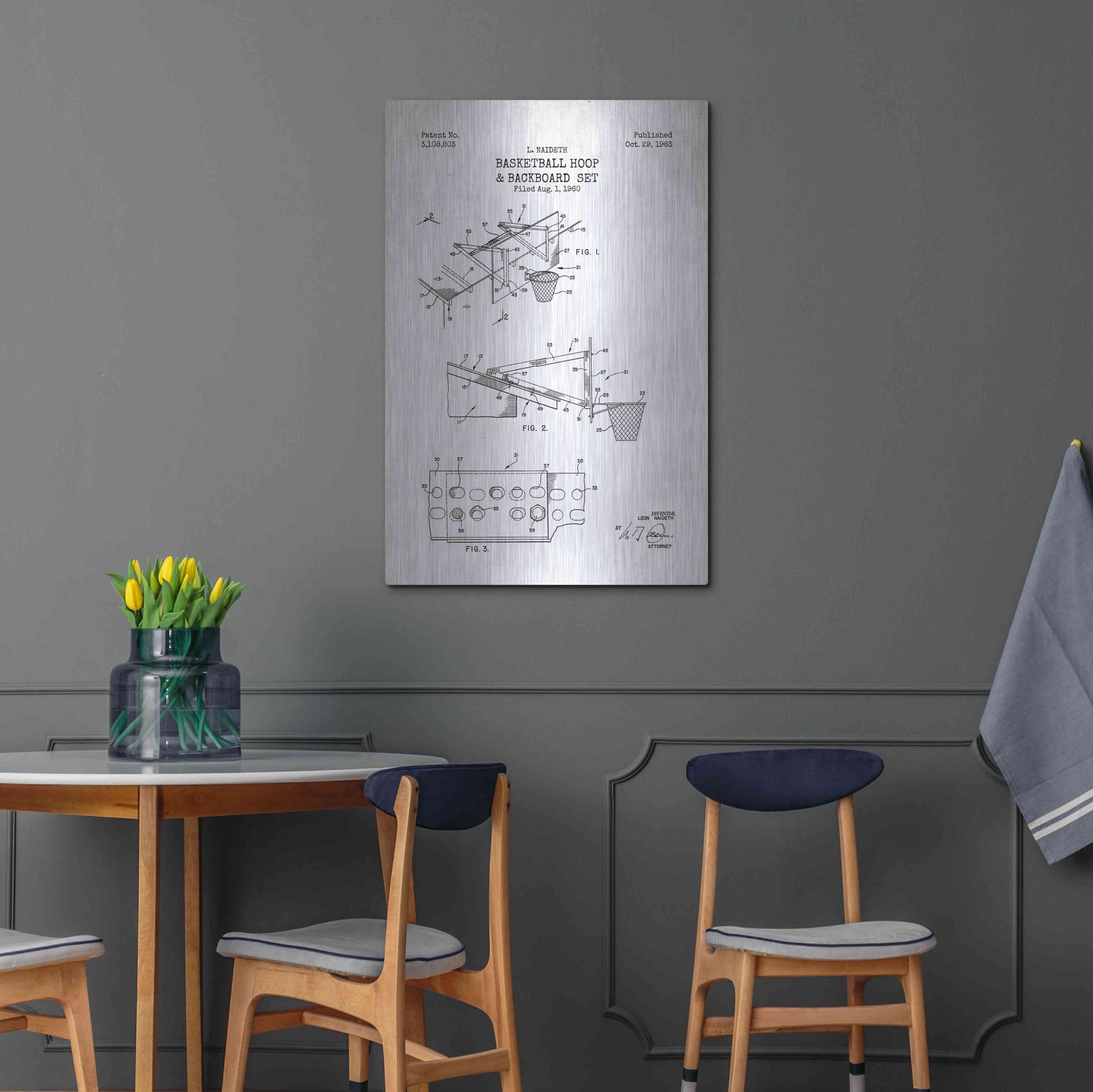 Luxe Metal Art 'Basketball Hoop and Backboard Blueprint Patent White' Metal Wall Art,24x36