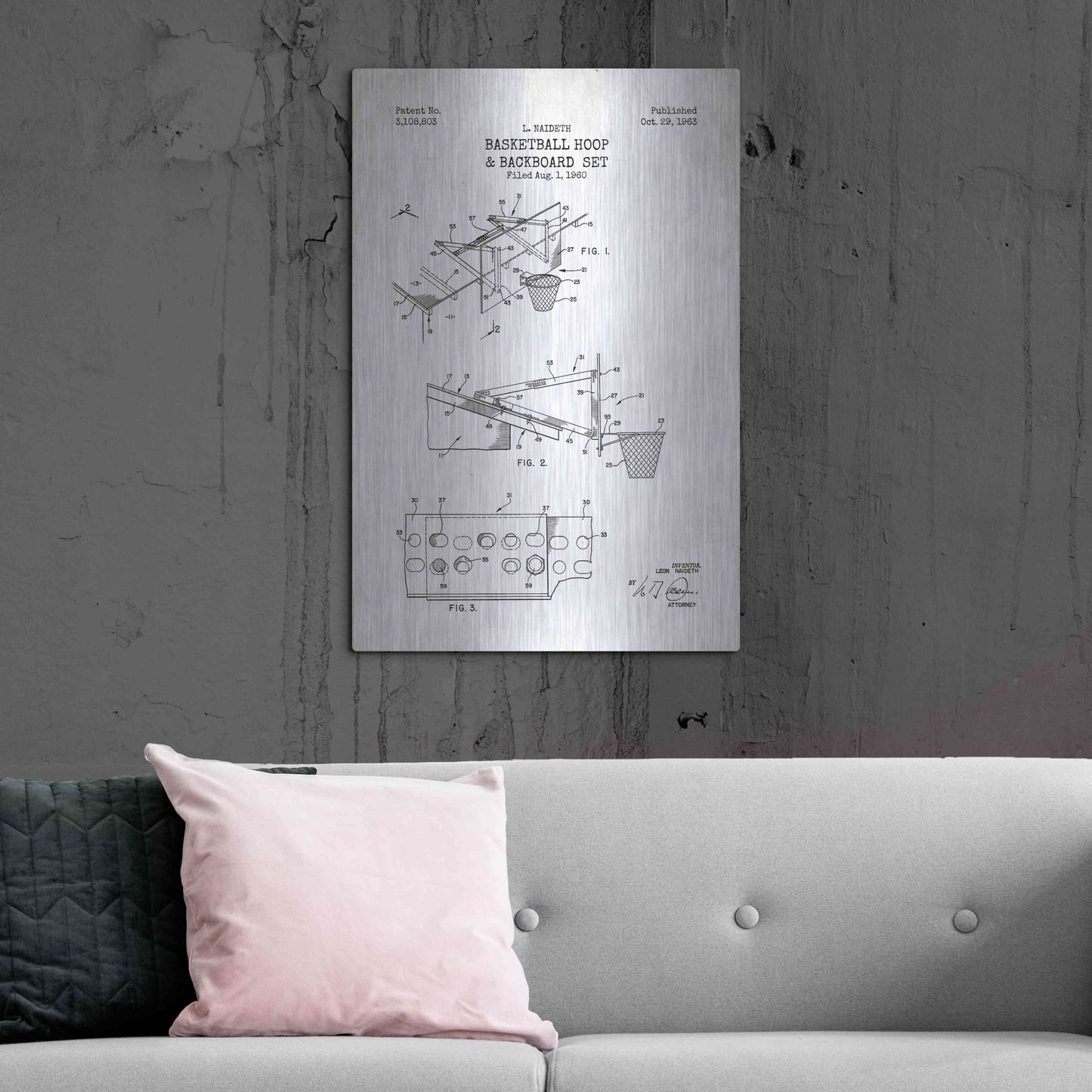 Luxe Metal Art 'Basketball Hoop and Backboard Blueprint Patent White' Metal Wall Art,24x36