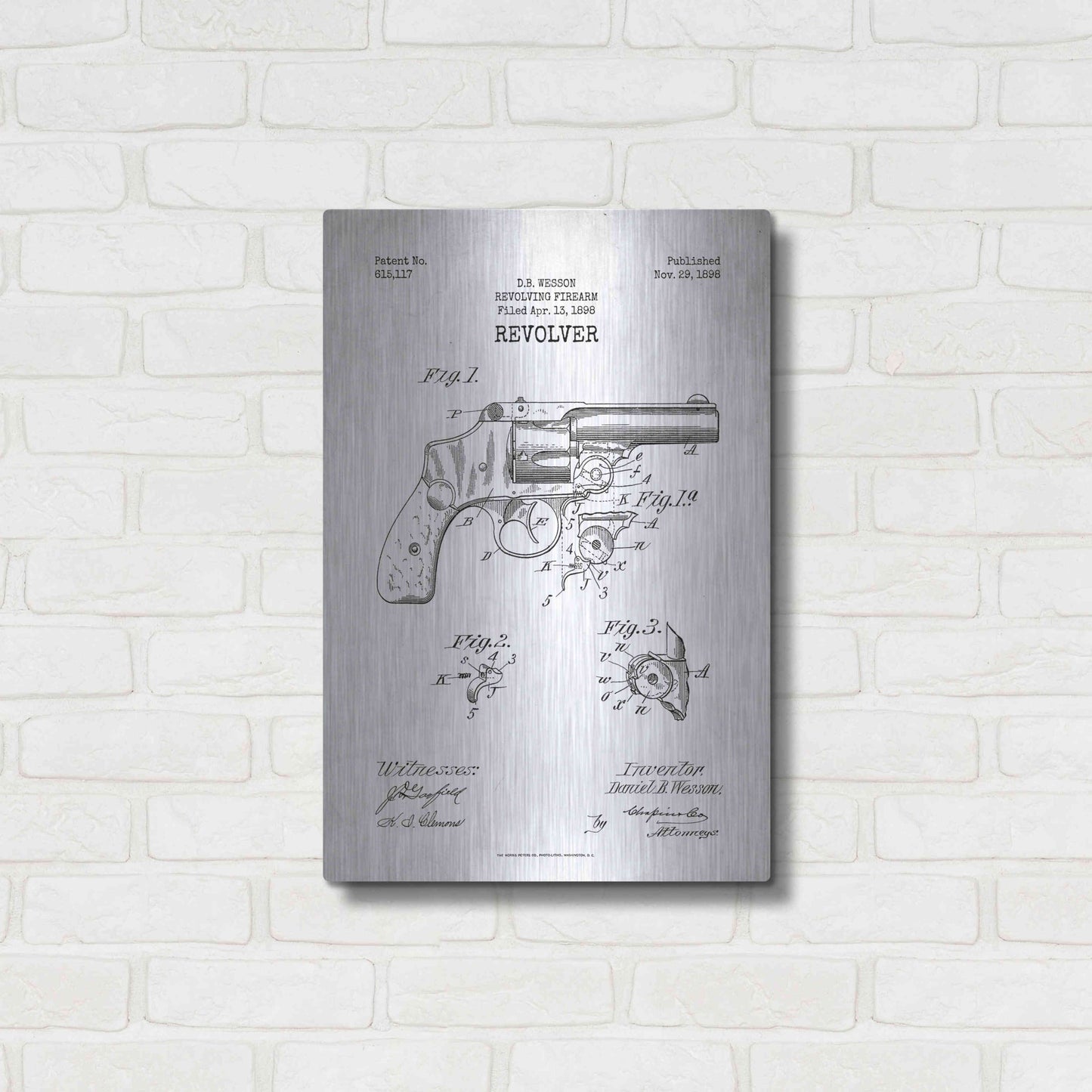 Luxe Metal Art 'Revolver Blueprint Patent White' Metal Wall Art,16x24