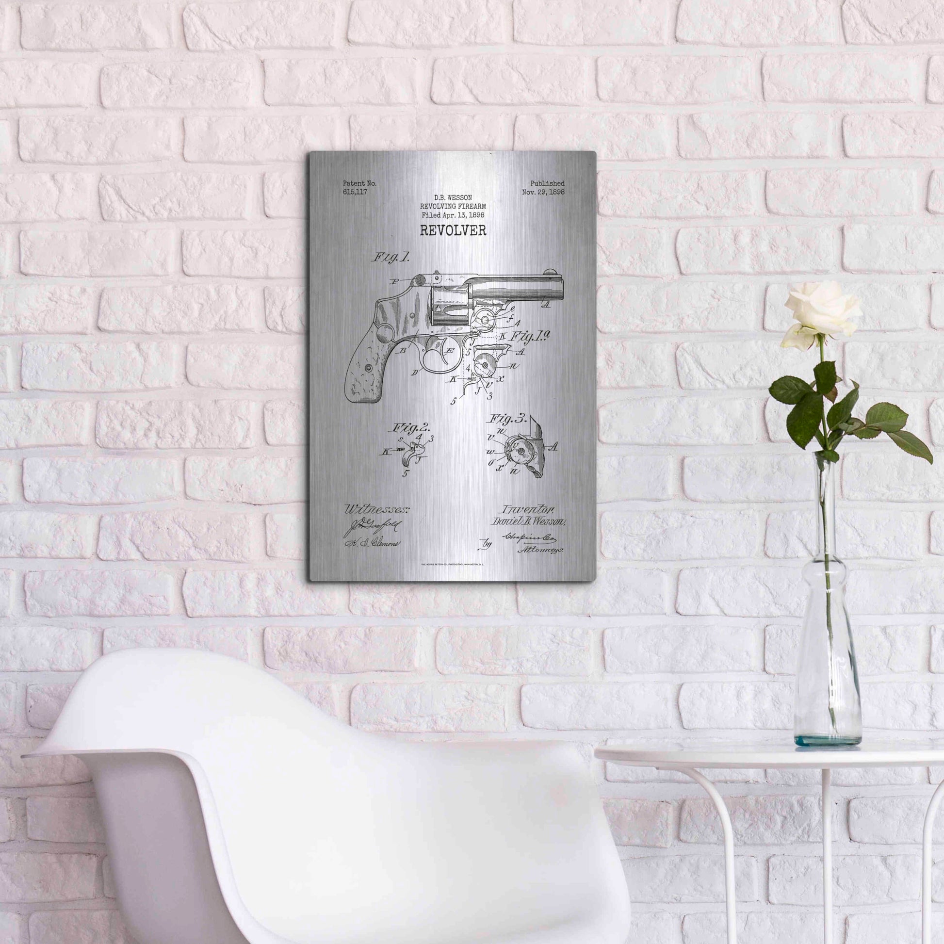 Luxe Metal Art 'Revolver Blueprint Patent White' Metal Wall Art,16x24