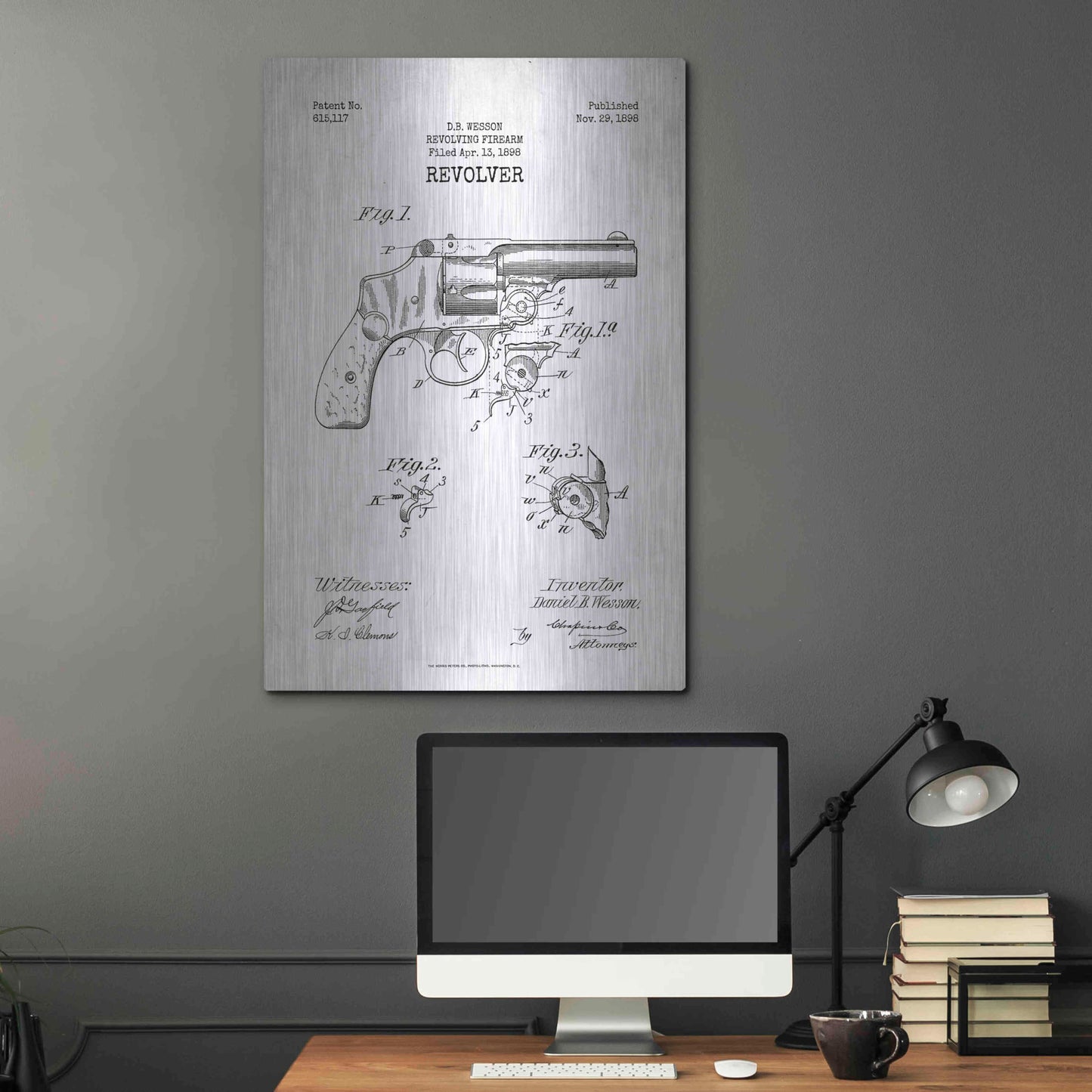 Luxe Metal Art 'Revolver Blueprint Patent White' Metal Wall Art,24x36