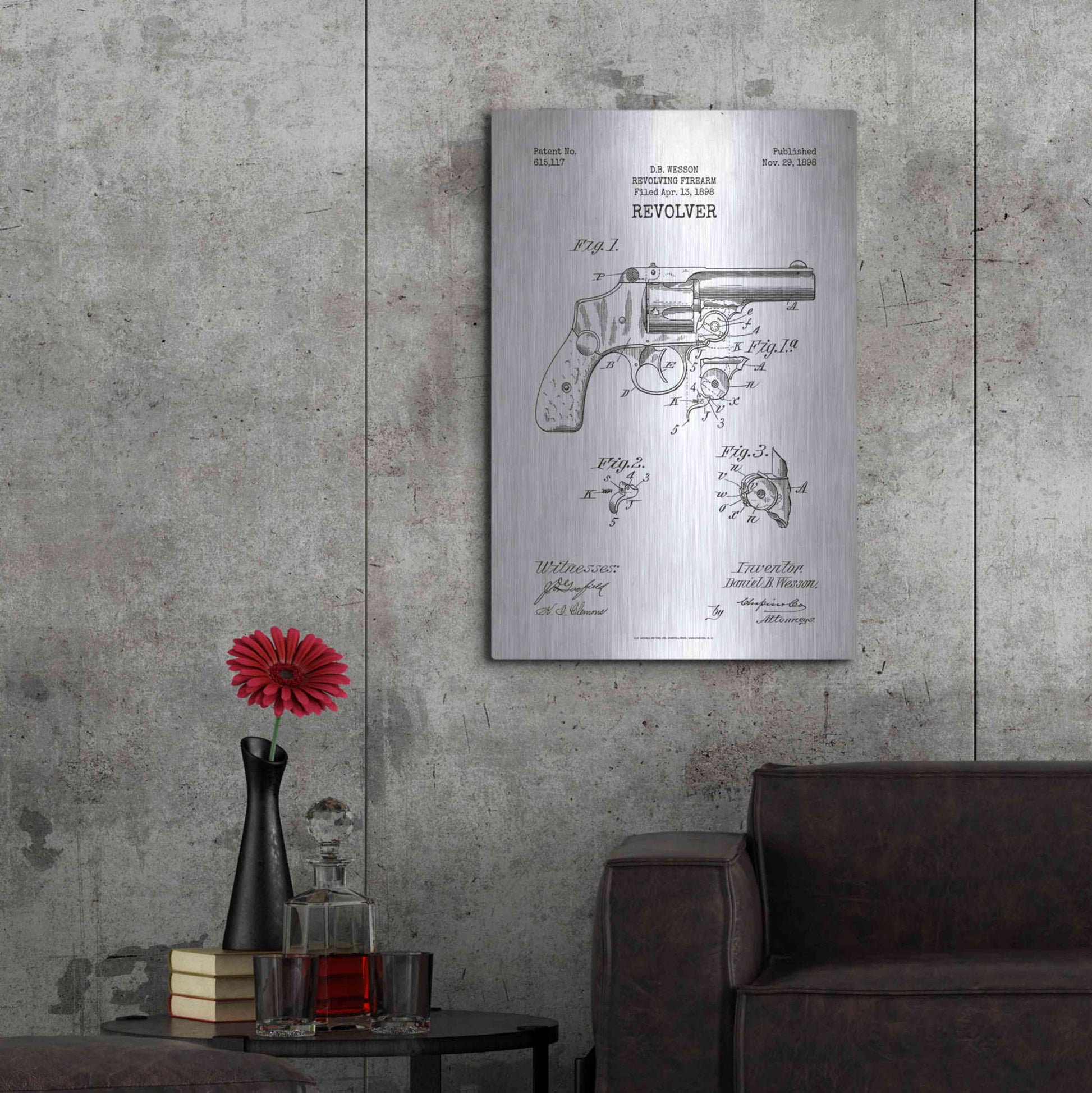 Luxe Metal Art 'Revolver Blueprint Patent White' Metal Wall Art,24x36