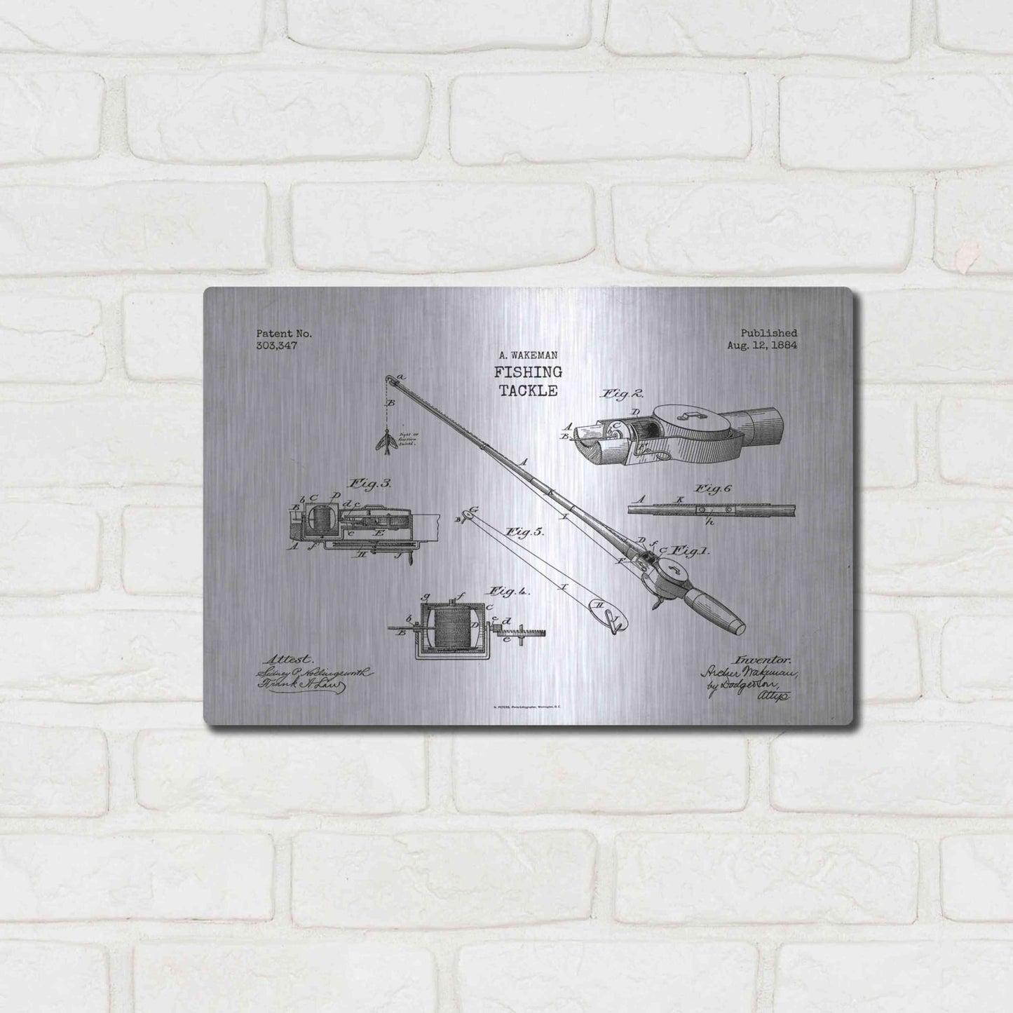 Luxe Metal Art 'Fishing Tackle Blueprint Patent White' Metal Wall Art,16x12