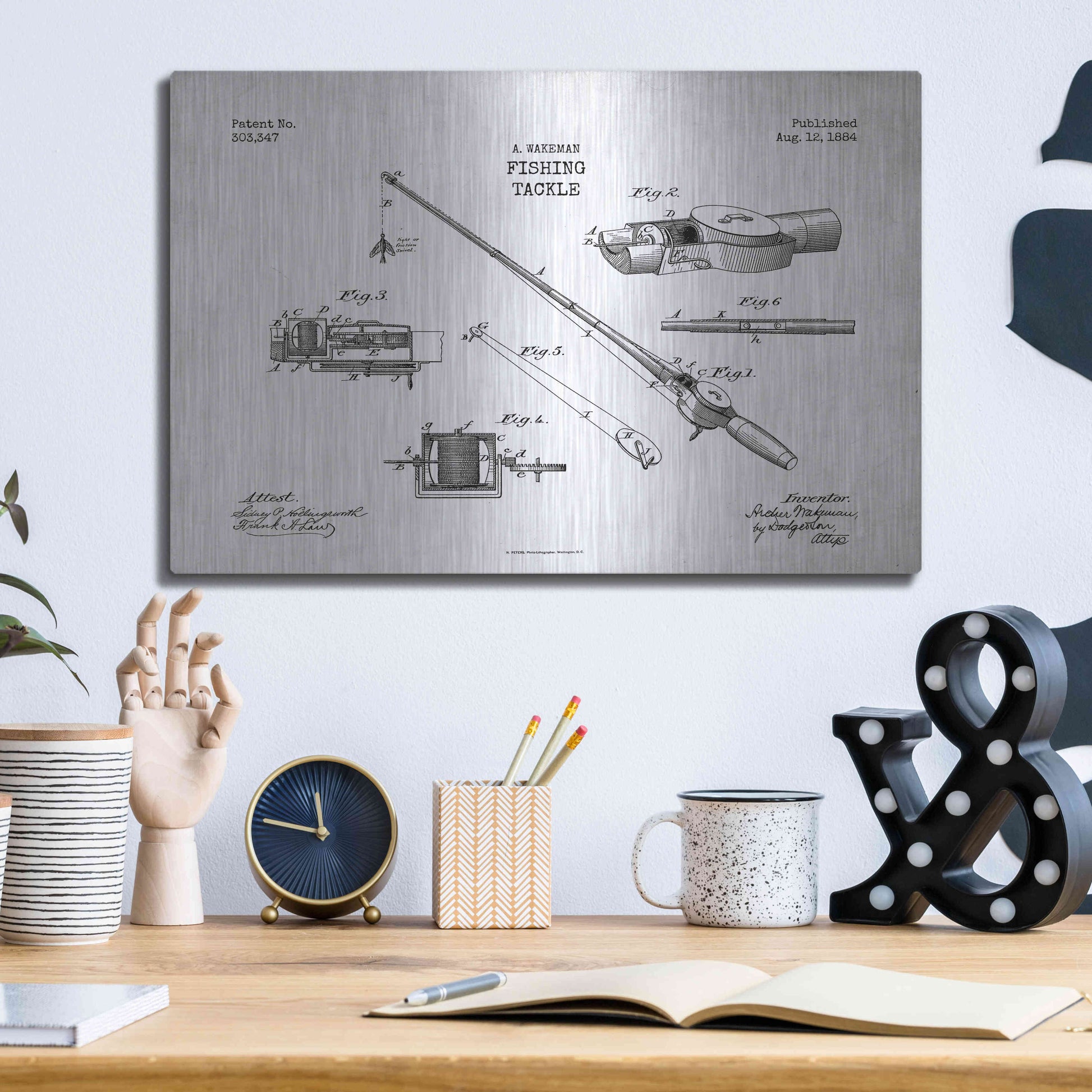 Luxe Metal Art 'Fishing Tackle Blueprint Patent White' Metal Wall Art,16x12